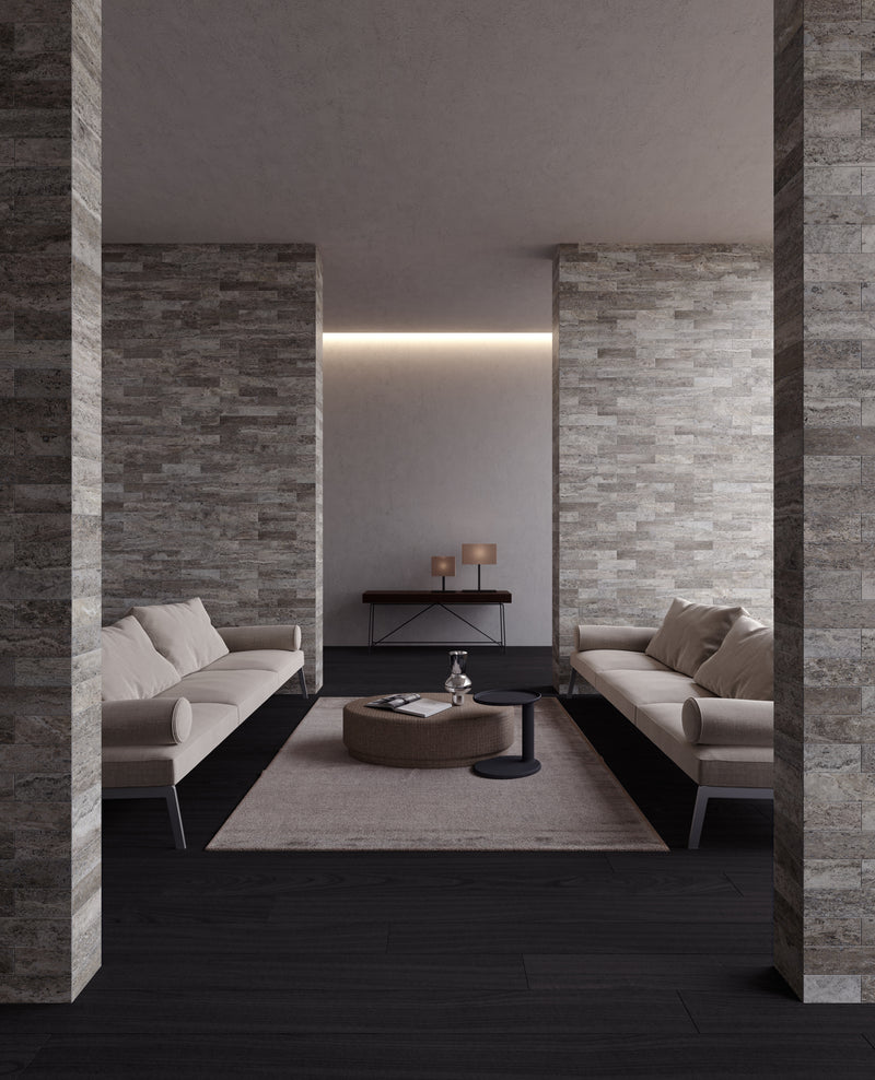 Anatolia Silver Ash filled & honed travertine tile in a room setting — available at Surface Group lifestyle image
