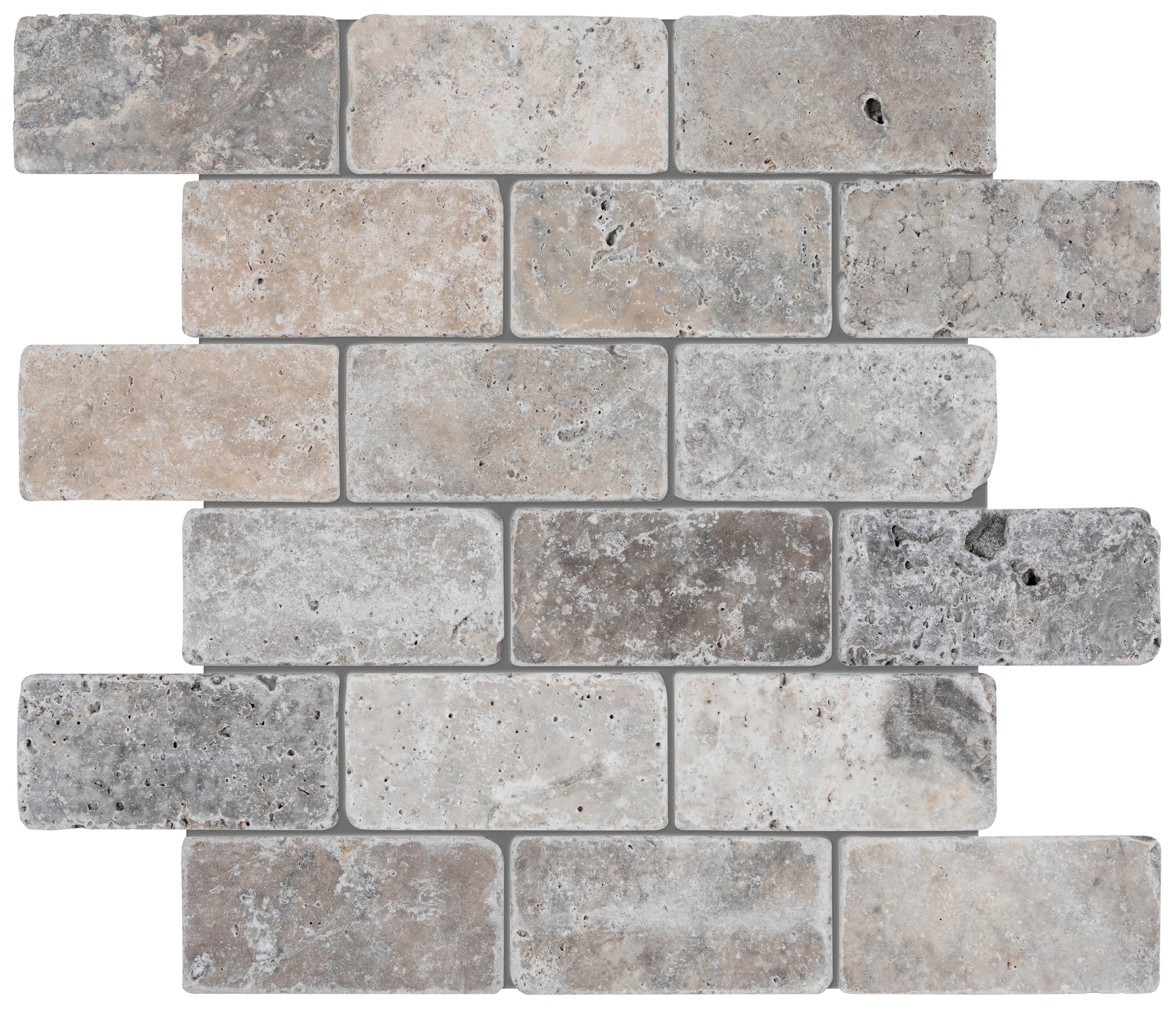 Silver Ash travertine mosaic by Anatolia, top-down product view, 12"×12"×3/8" size. Turkish travertine for floors and walls.