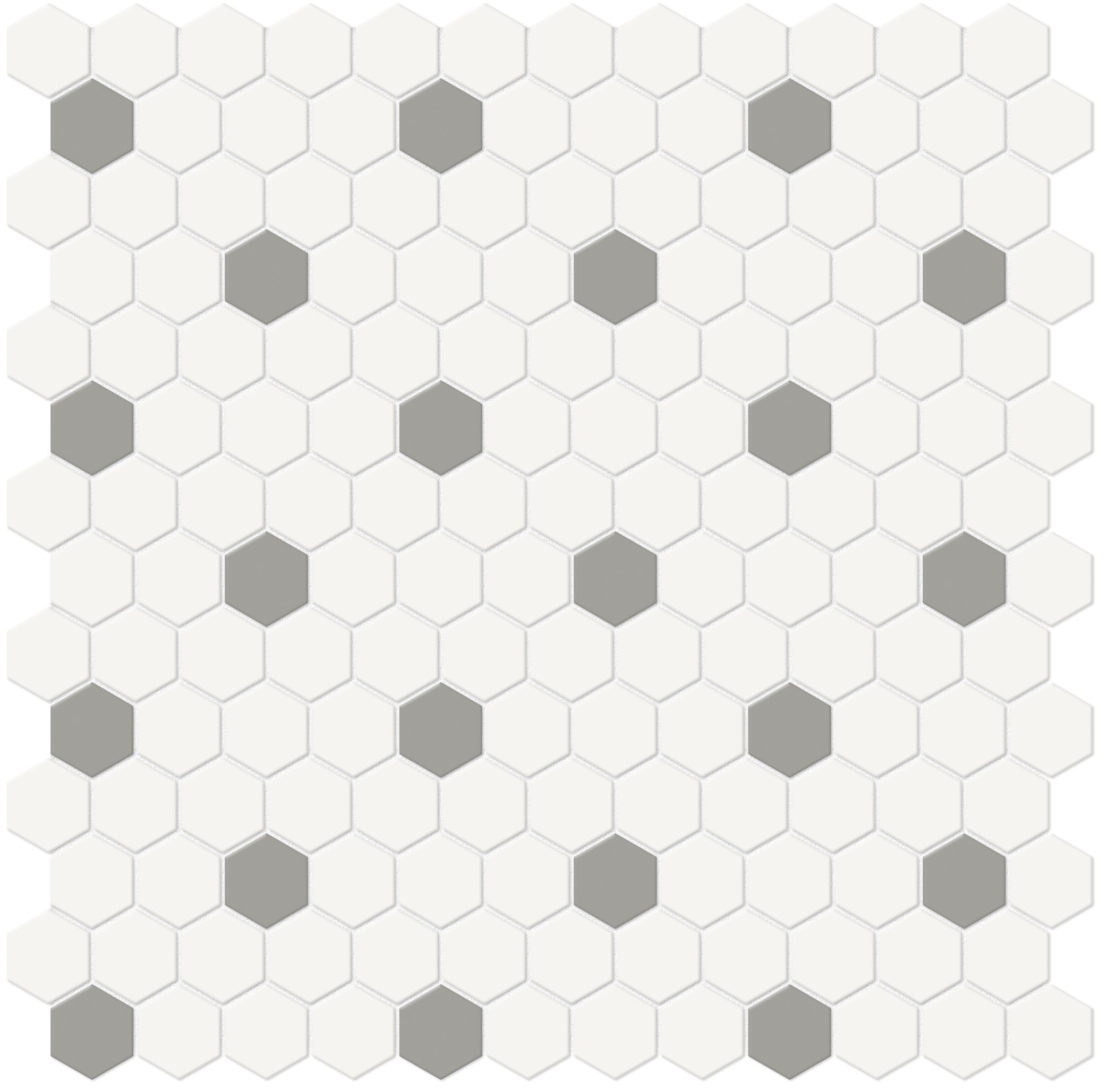 Soho Canvas White w/ Cement Chic porcelain mosaic by Anatolia, top-down product view, 11 17/32"×11 21/32"×1/4" size. Malaysian porcelain for floors and walls.