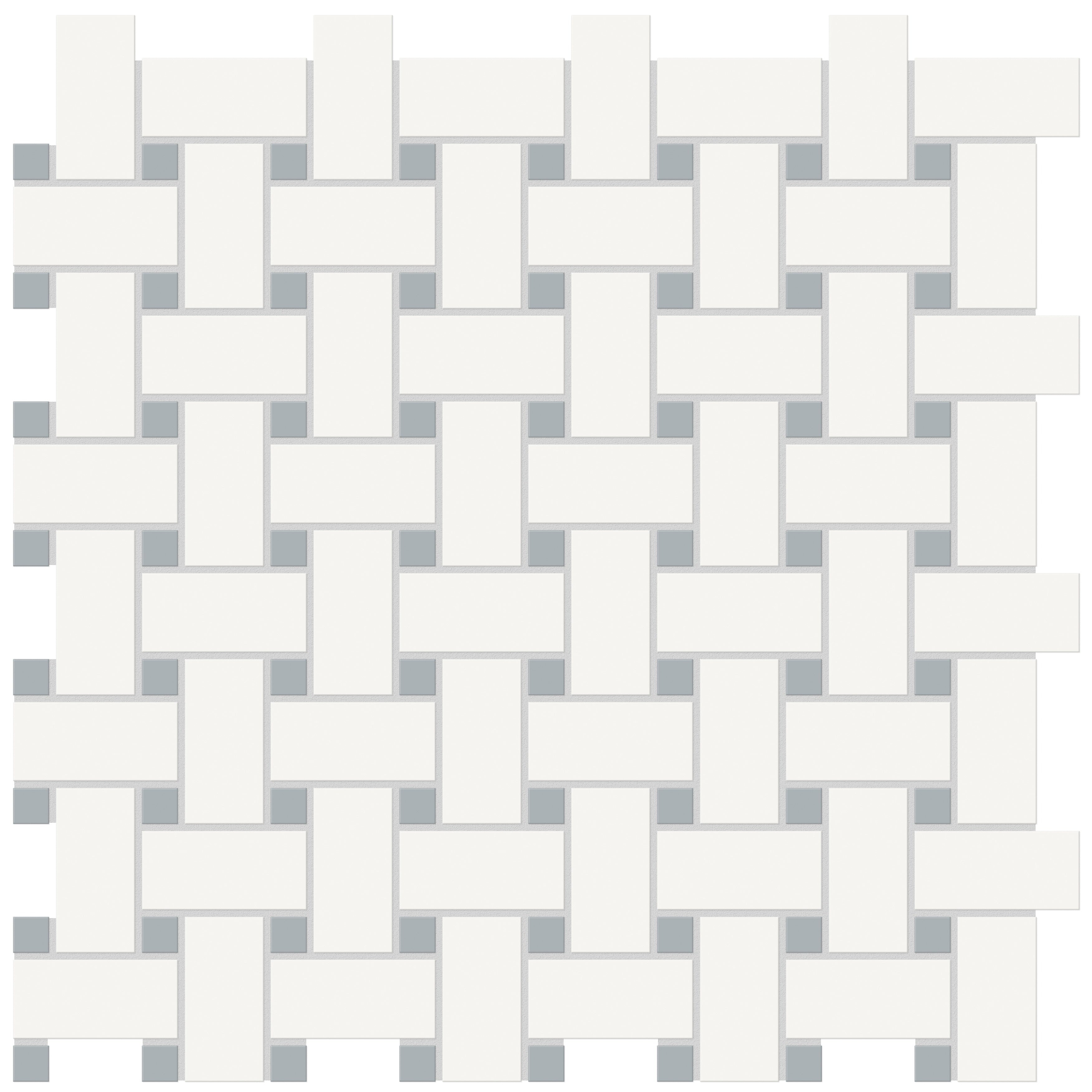 Soho Canvas White w/ Cloud Blue porcelain mosaic by Anatolia, top-down product view, 11 23/32"×11 23/32"×1/4" size. Malaysian porcelain for floors and walls.