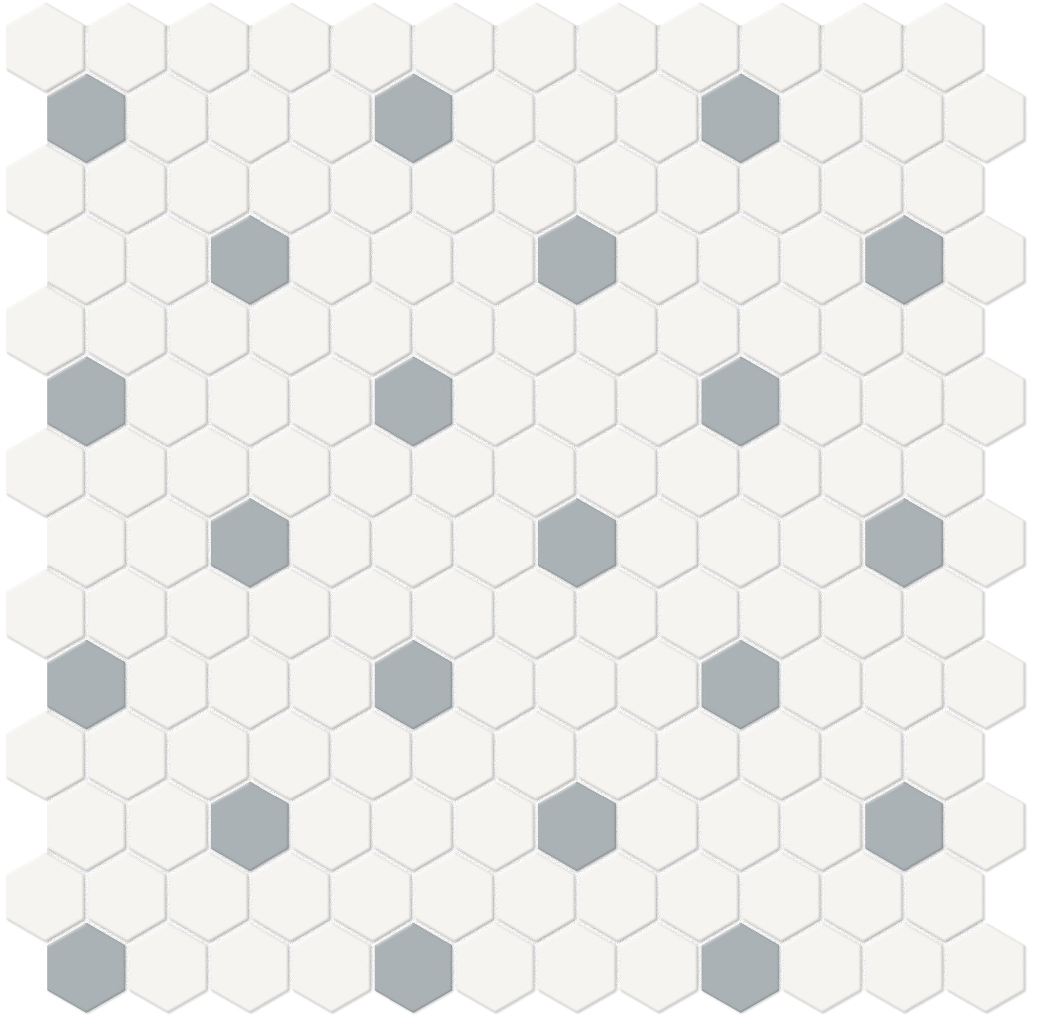 Soho Canvas White w/ Cloud Blue porcelain mosaic by Anatolia, top-down product view, 11 17/32"×11 21/32"×1/4" size. Malaysian porcelain for floors and walls.