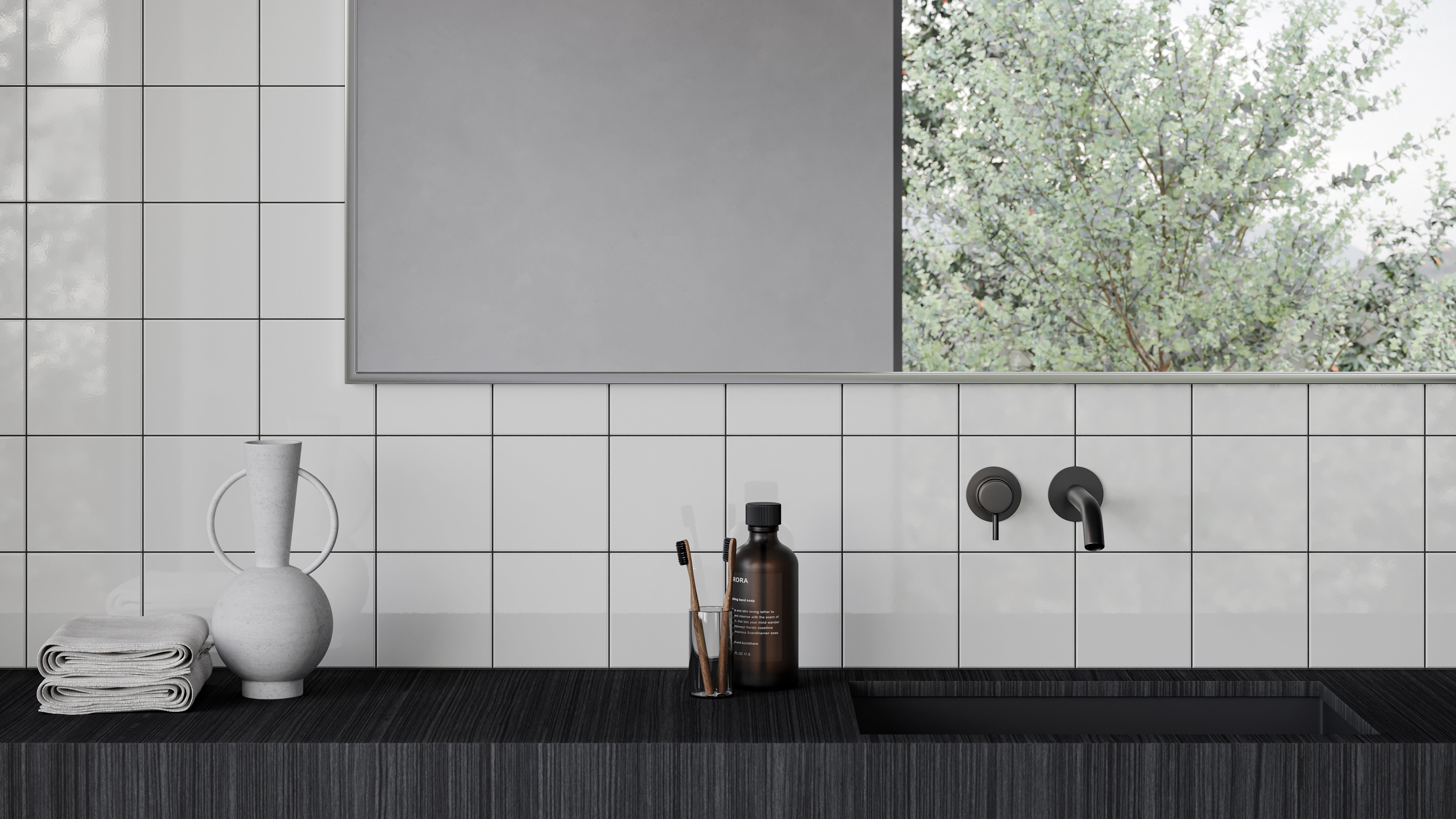 Soho Canvas White porcelain mosaic by Anatolia, lifestyle installation view 1, 10 7/16"×13 5/16"×9/32" size. Malaysian porcelain for floors and walls.