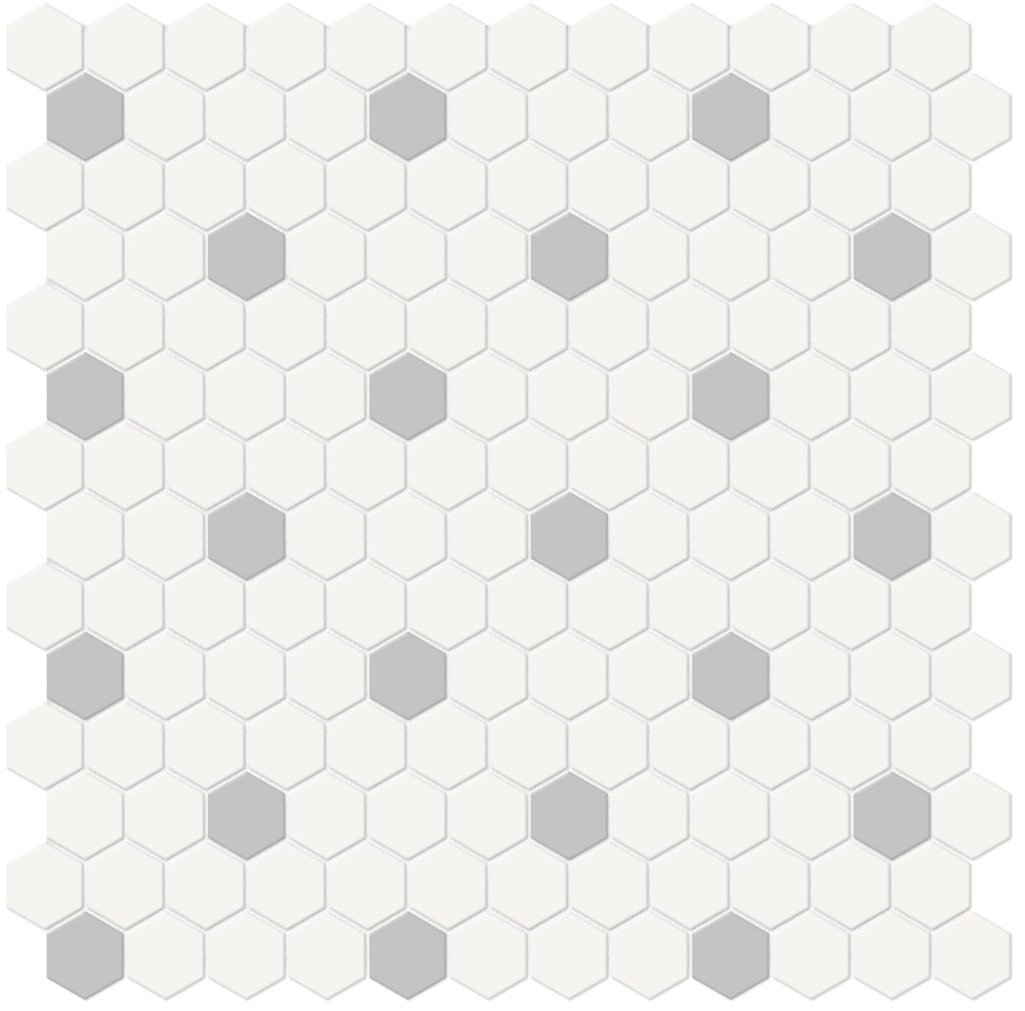 Soho Canvas White w/ Loft Grey porcelain mosaic by Anatolia, top-down product view, 11 17/32"×11 21/32"×1/4" size. Malaysian porcelain for floors and walls.