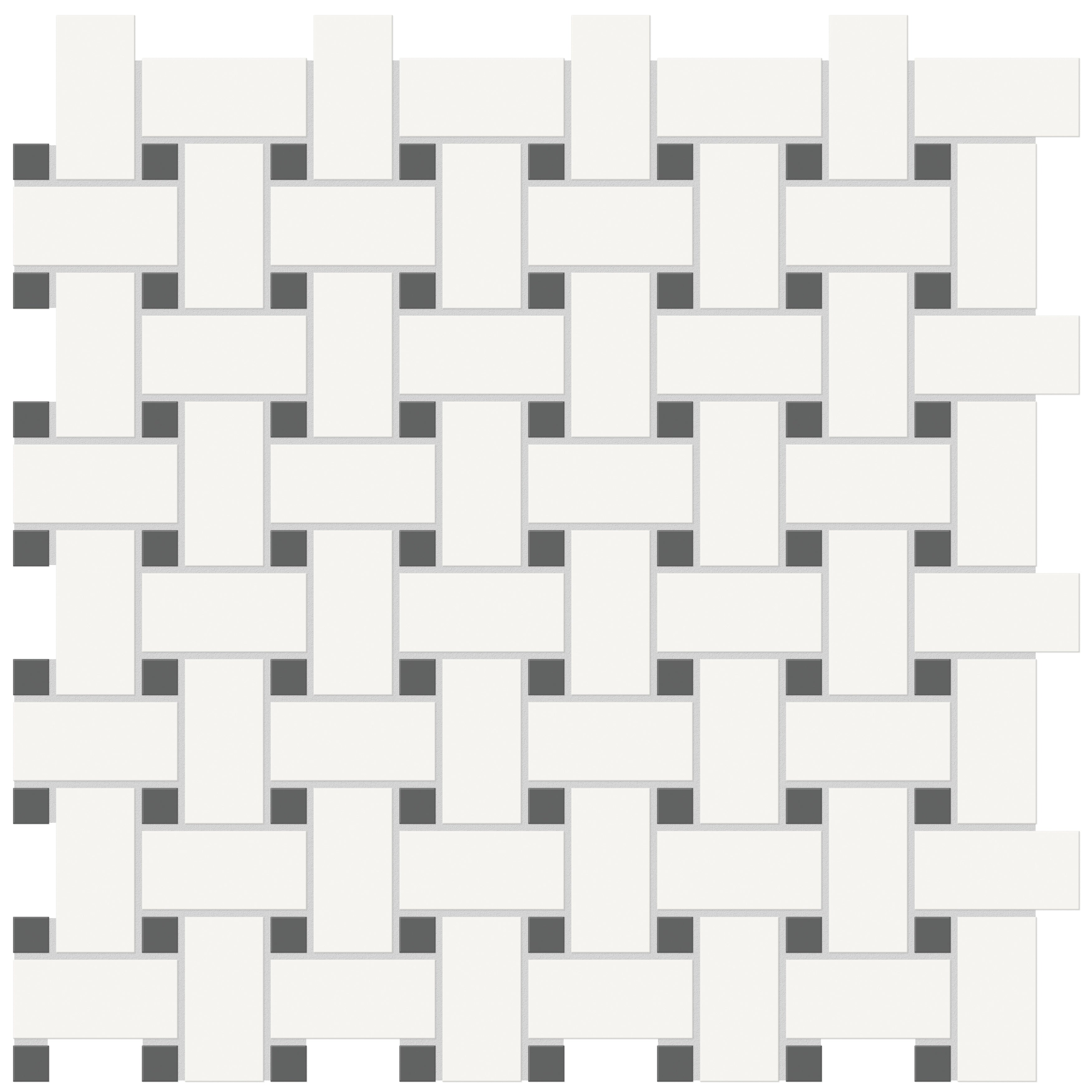 Soho Canvas White w/ Retro Black porcelain mosaic by Anatolia, top-down product view, 11 23/32"×11 23/32"×1/4" size. Malaysian porcelain for floors and walls.
