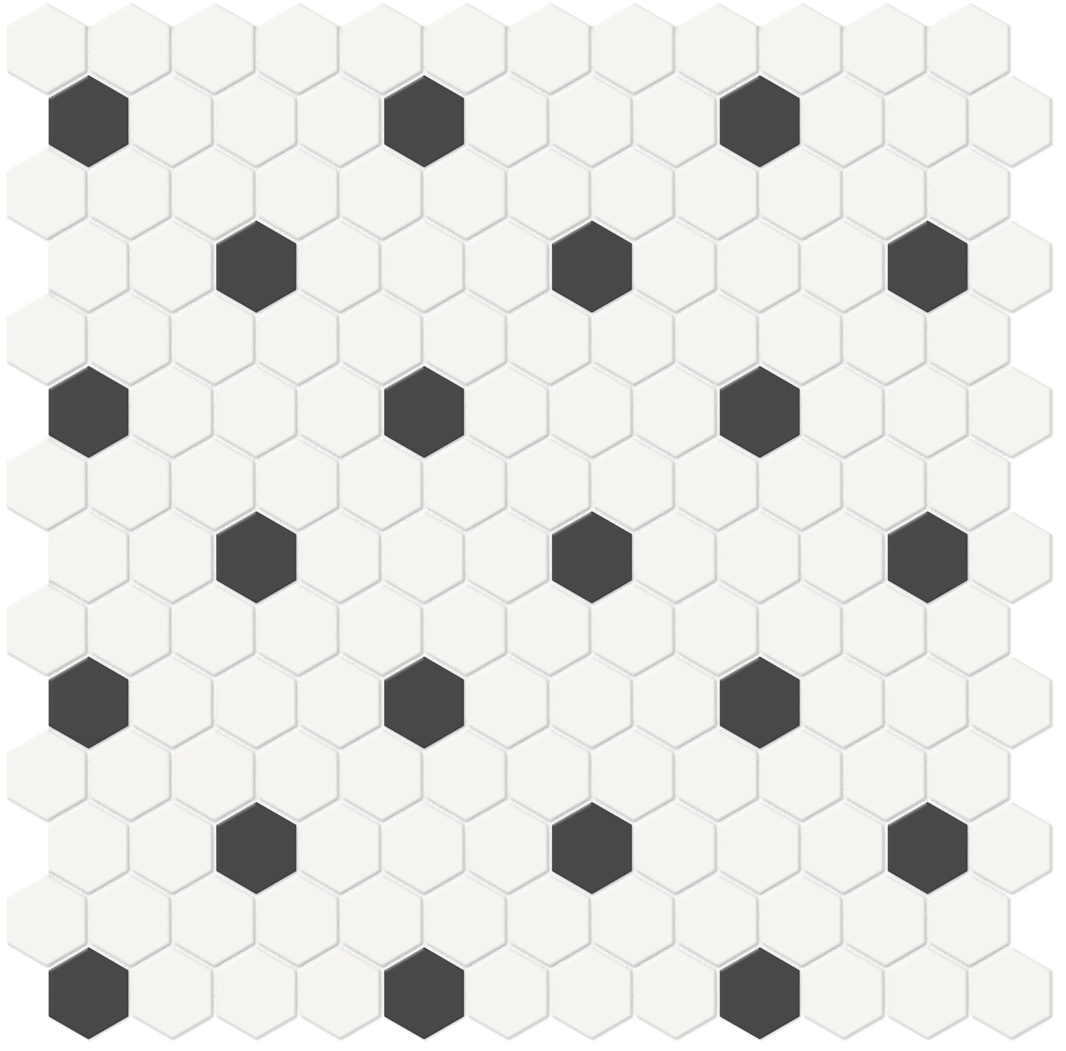 Soho Canvas White w/ Retro Black porcelain mosaic by Anatolia, top-down product view, 11 17/32"×11 21/32"×1/4" size. Malaysian porcelain for floors and walls.
