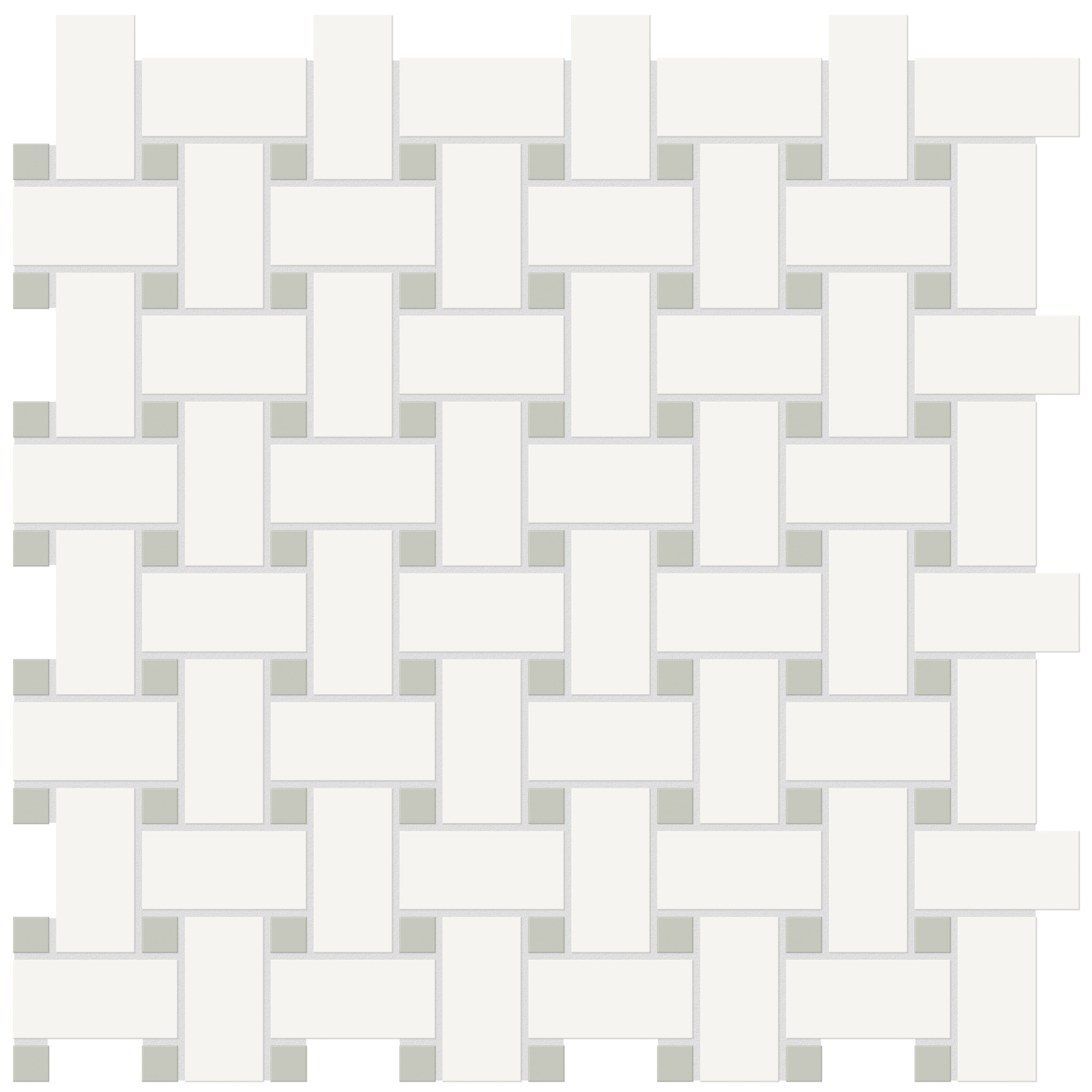 Soho Canvas White w/ Soft Sage porcelain mosaic by Anatolia, top-down product view, 11 23/32"×11 23/32"×1/4" size. Malaysian porcelain for floors and walls.