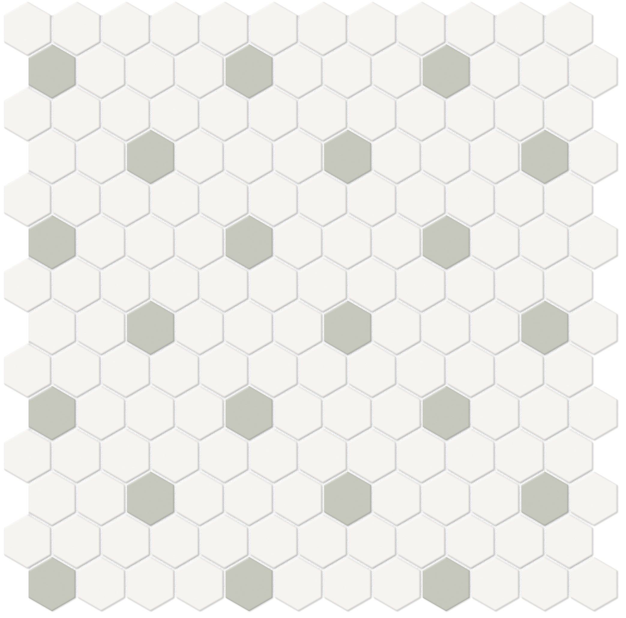 Soho Canvas White w/ Soft Sage porcelain mosaic by Anatolia, top-down product view, 11 17/32"×11 21/32"×1/4" size. Malaysian porcelain for floors and walls.
