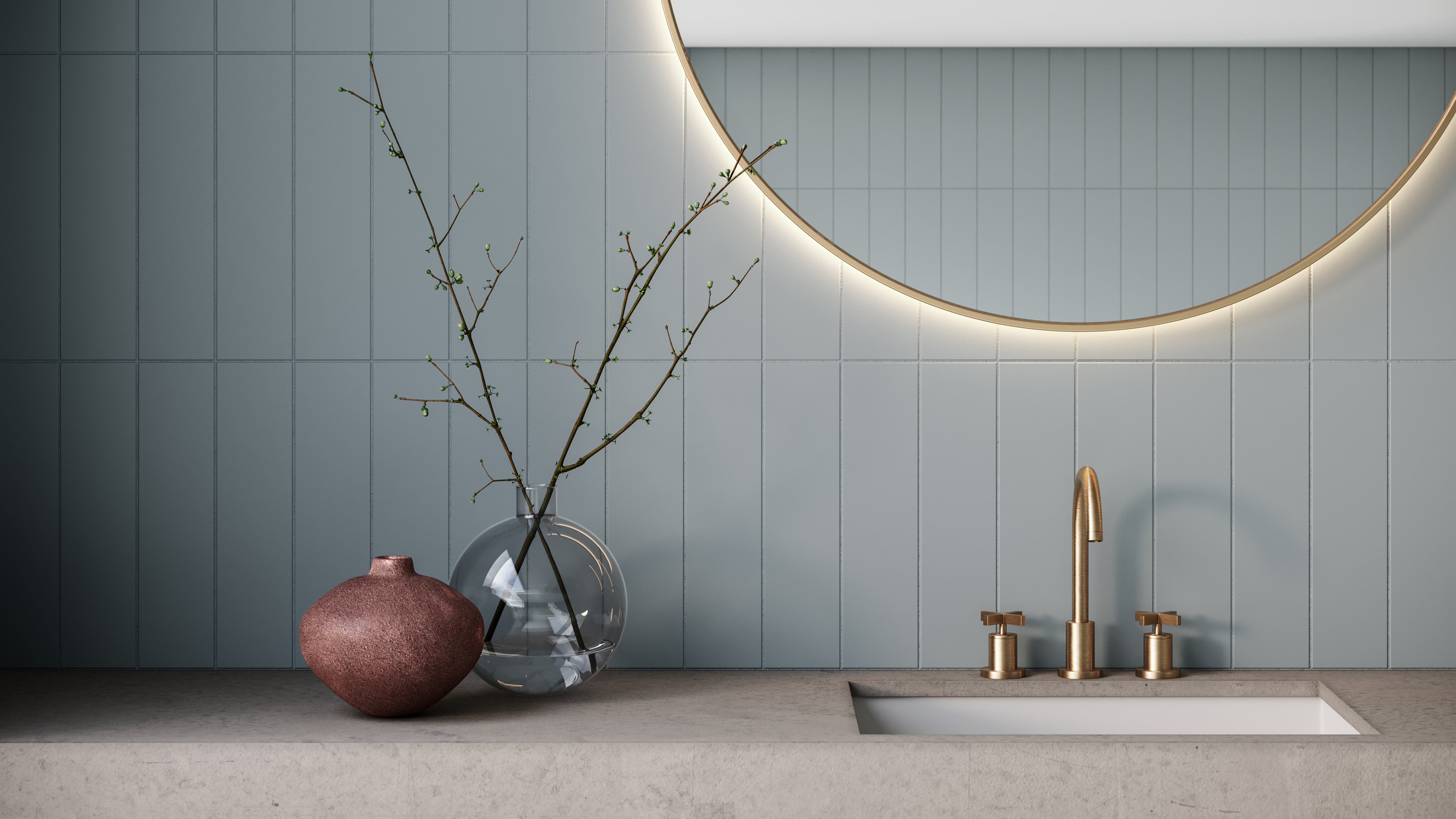 Soho Cloud Blue porcelain mosaic by Anatolia, lifestyle installation view 1, 10 7/16"×13 5/16"×9/32" size. Malaysian porcelain for floors and walls.