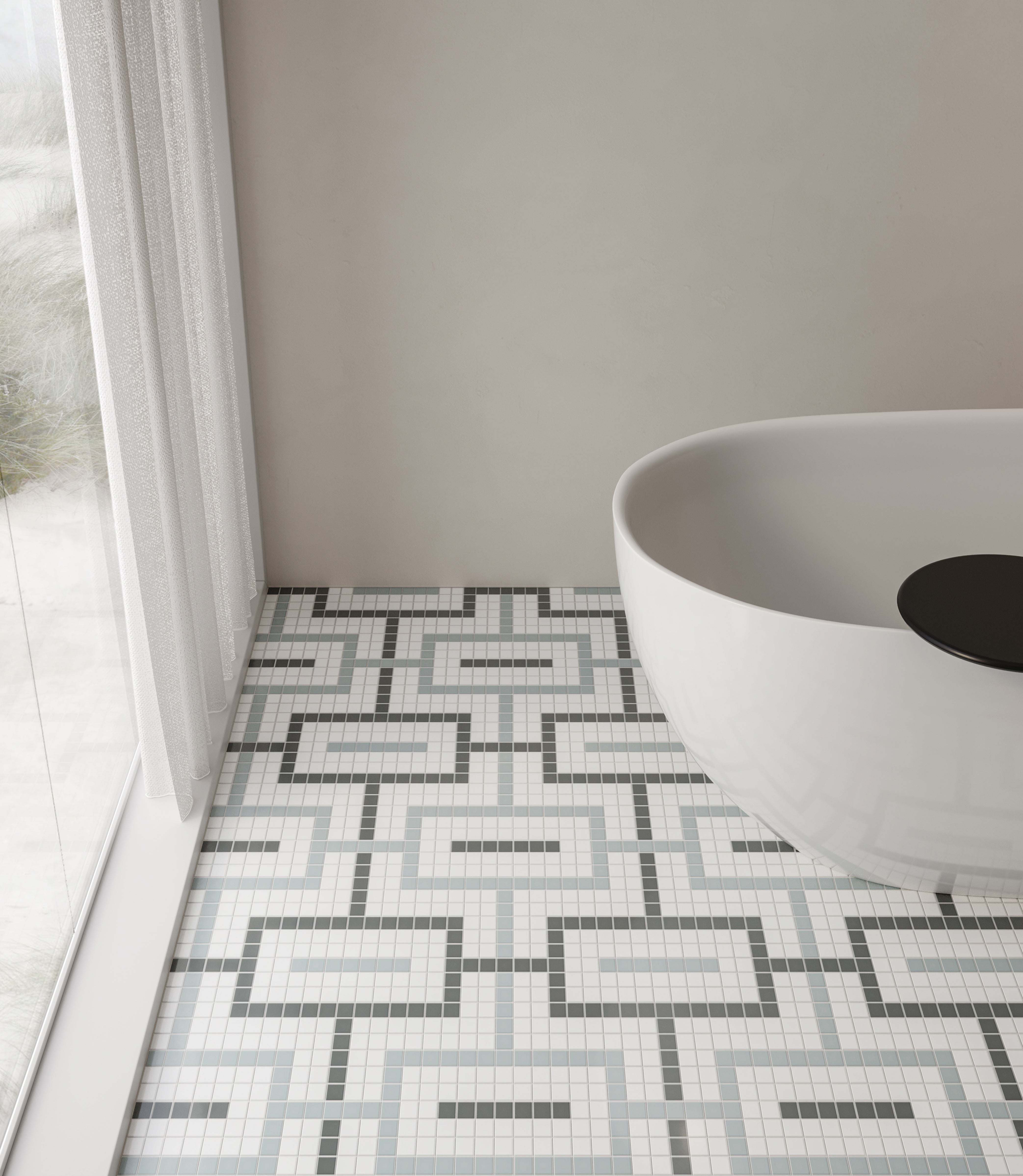 Soho Dawn Blend porcelain mosaic by Anatolia, top-down product view, 7 11/16"×13 5/16"×1/4" size. Malaysian porcelain for floors and walls.
