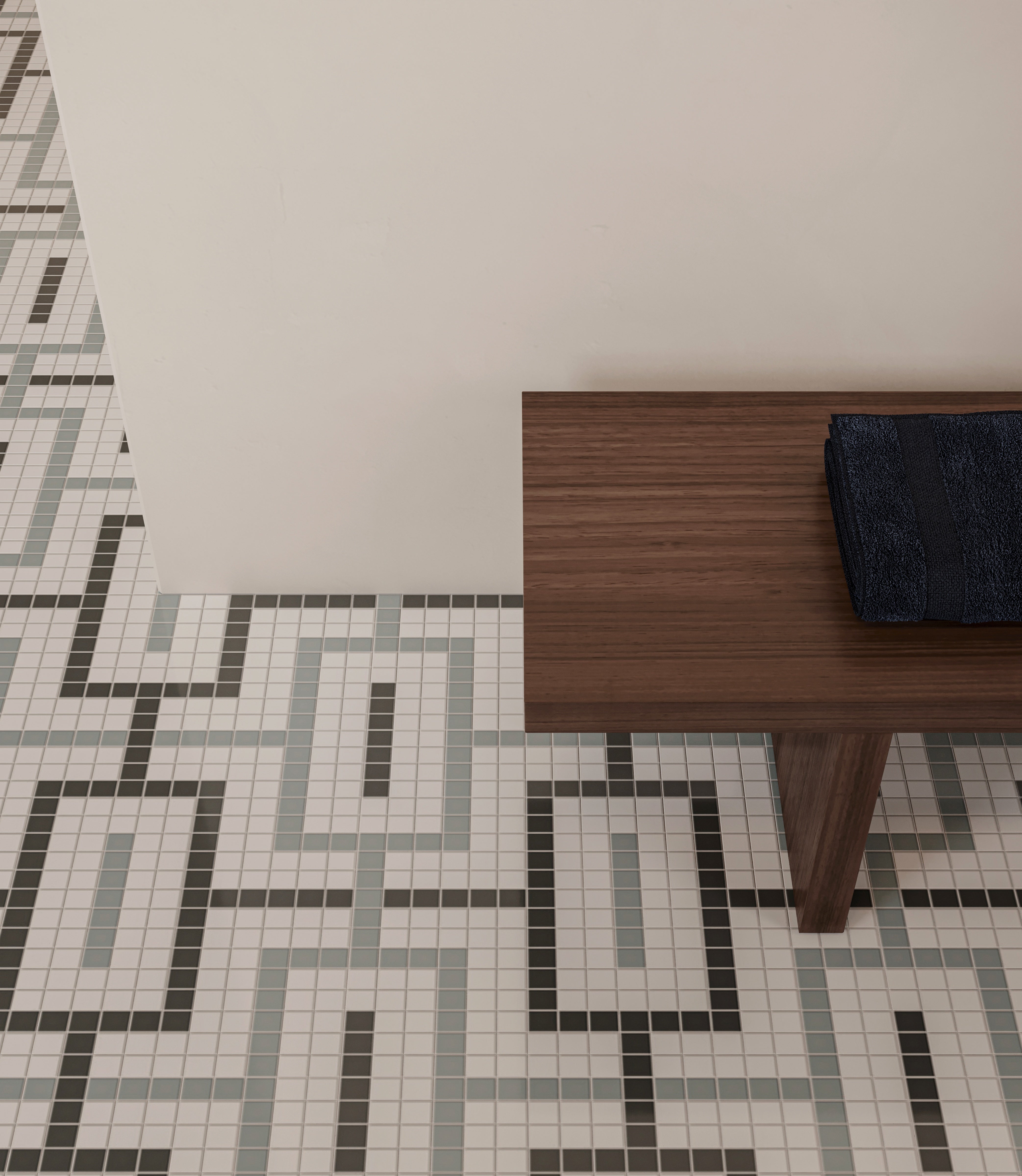 Soho Dawn Blend porcelain mosaic by Anatolia, top-down product view, 7 11/16"×13 5/16"×1/4" size. Malaysian porcelain for floors and walls.
