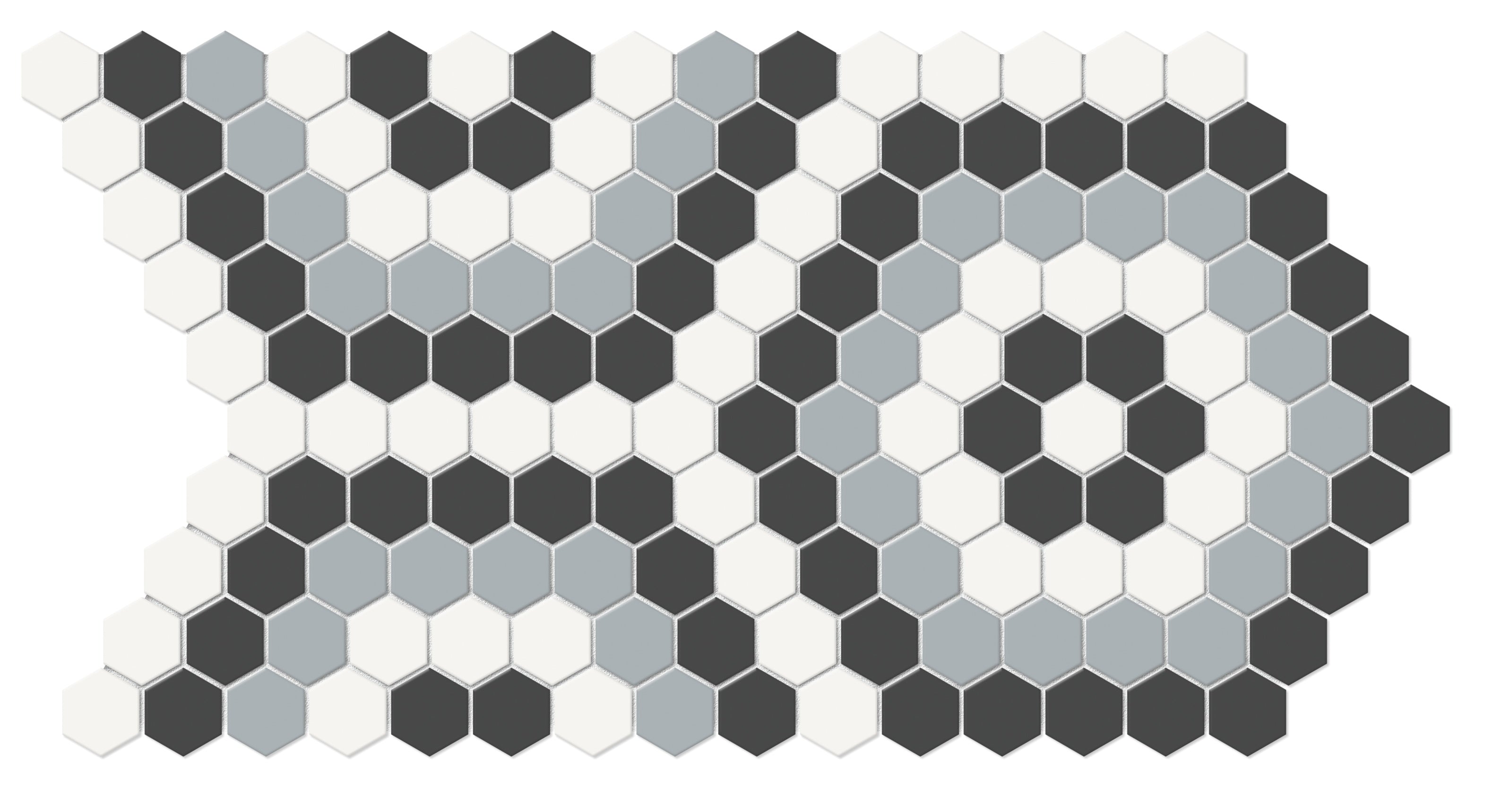 Soho Dawn Blend porcelain mosaic by Anatolia, top-down product view, 8 5/16"×14 7/16"×1/4" size. Malaysian porcelain for floors and walls.