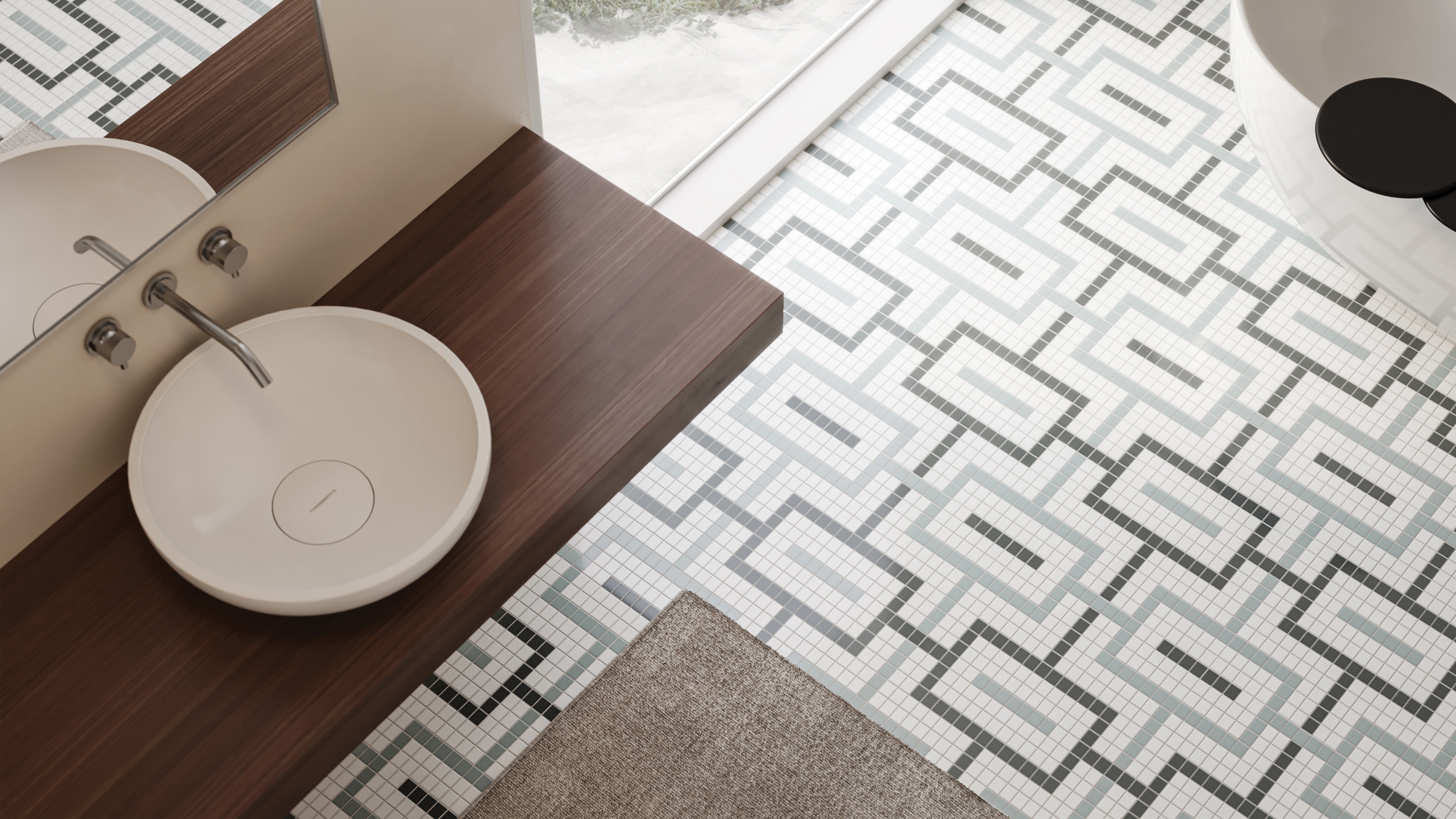 Soho Dawn Blend porcelain mosaic by Anatolia, top-down product view, 7 11/16"×13 5/16"×1/4" size. Malaysian porcelain for floors and walls.