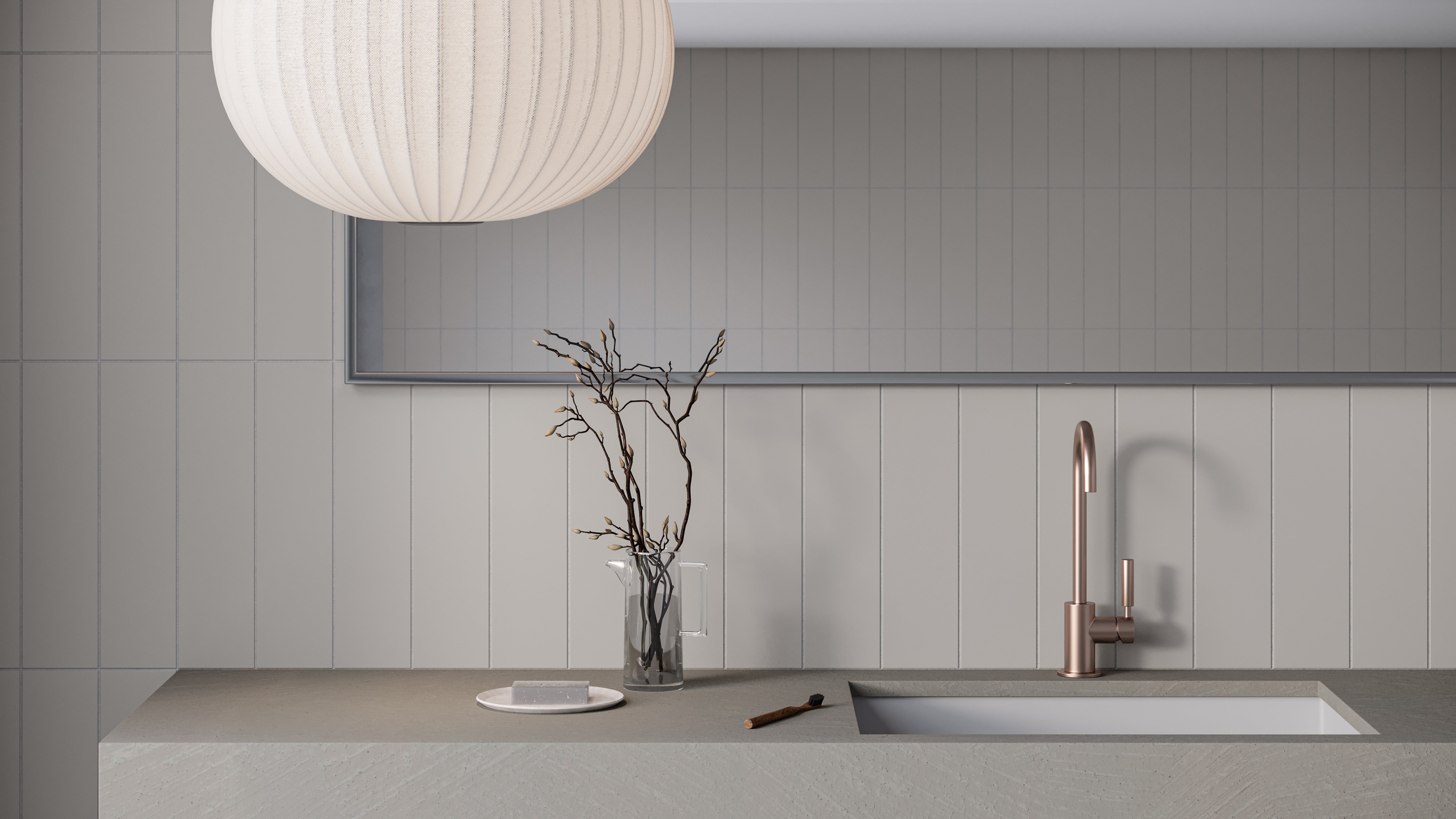 Soho Halo Grey porcelain mosaic by Anatolia, lifestyle installation view 1, 10 7/16"×13 5/16"×9/32" size. Malaysian porcelain for floors and walls.