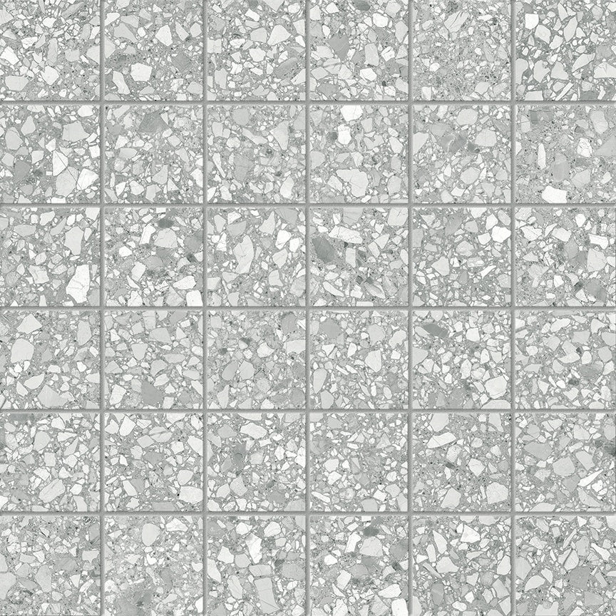 Station Ash porcelain mosaic by Anatolia, top-down product view, 11 25/32"×11 25/32"×11/32" size. Turkish porcelain for floors and walls.
