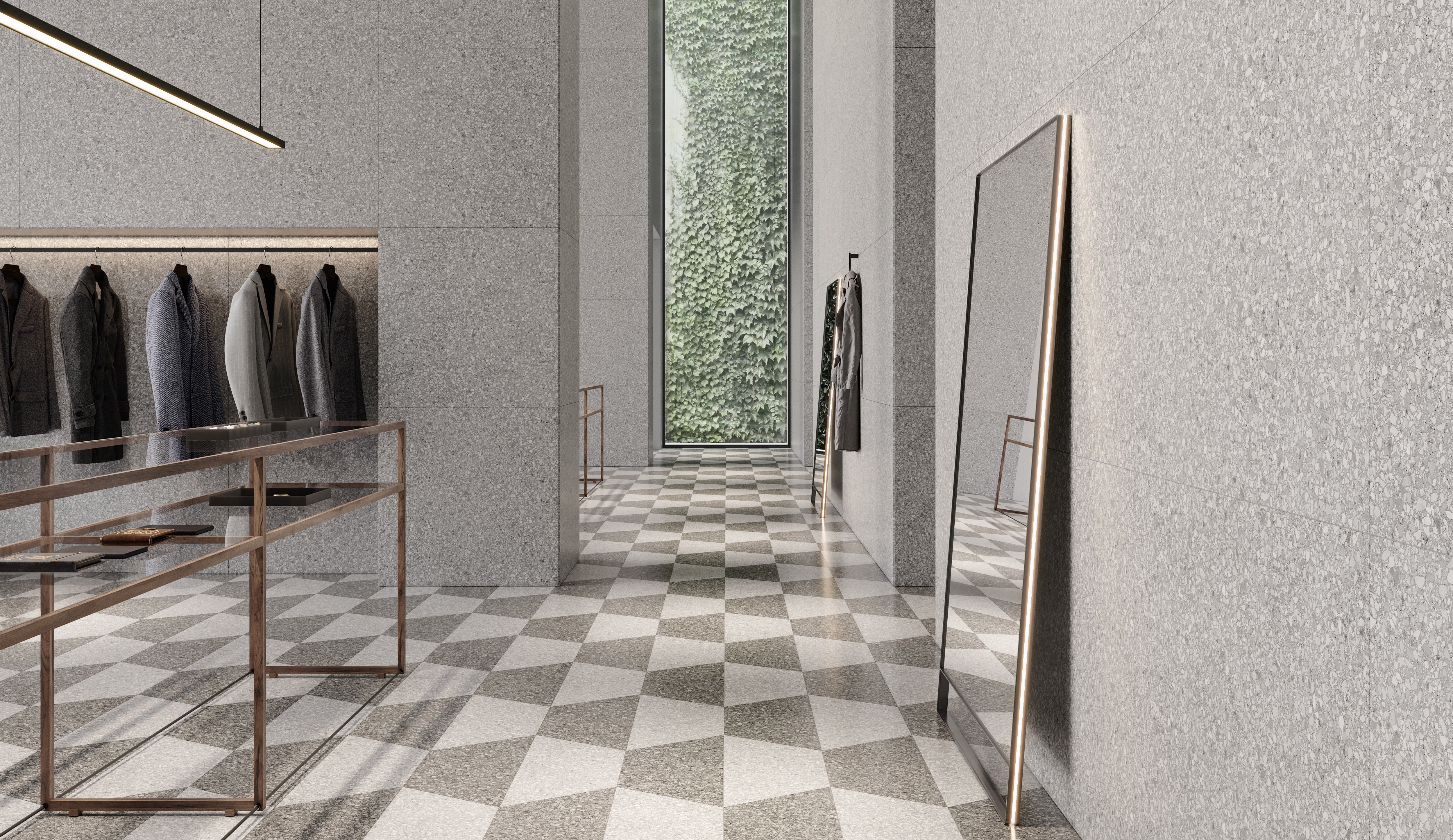 Station Shadow porcelain trim by Anatolia, top-down product view, 3"×24"×11/32" size. Turkish porcelain for floors and walls.