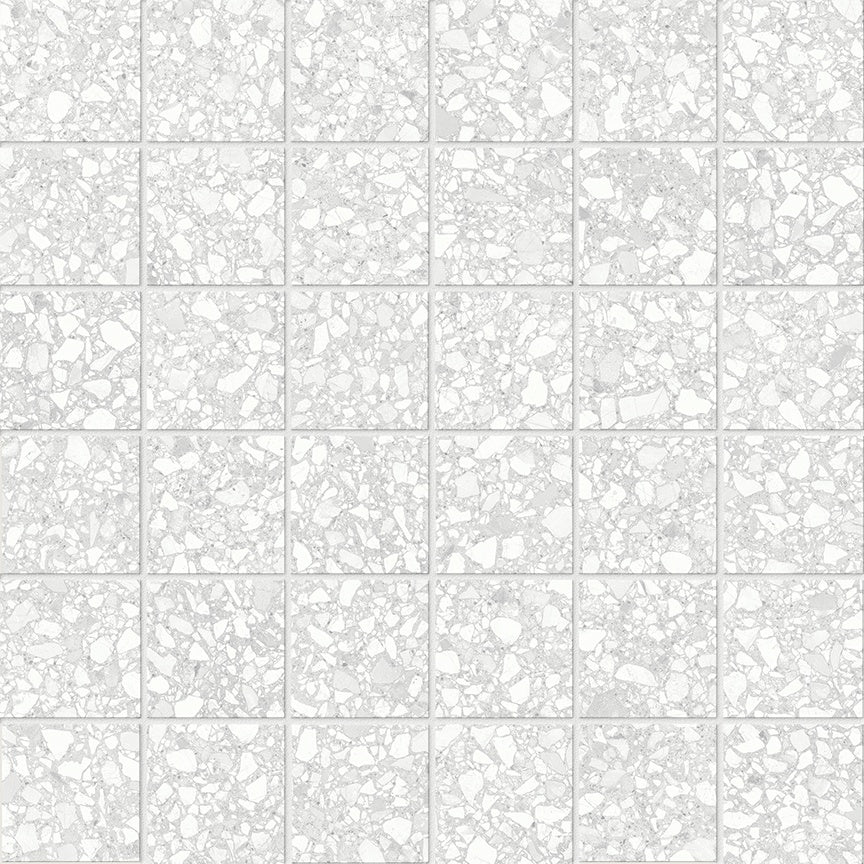 Station Pearl porcelain mosaic by Anatolia, top-down product view, 11 25/32"×11 25/32"×11/32" size. Turkish porcelain for floors and walls.