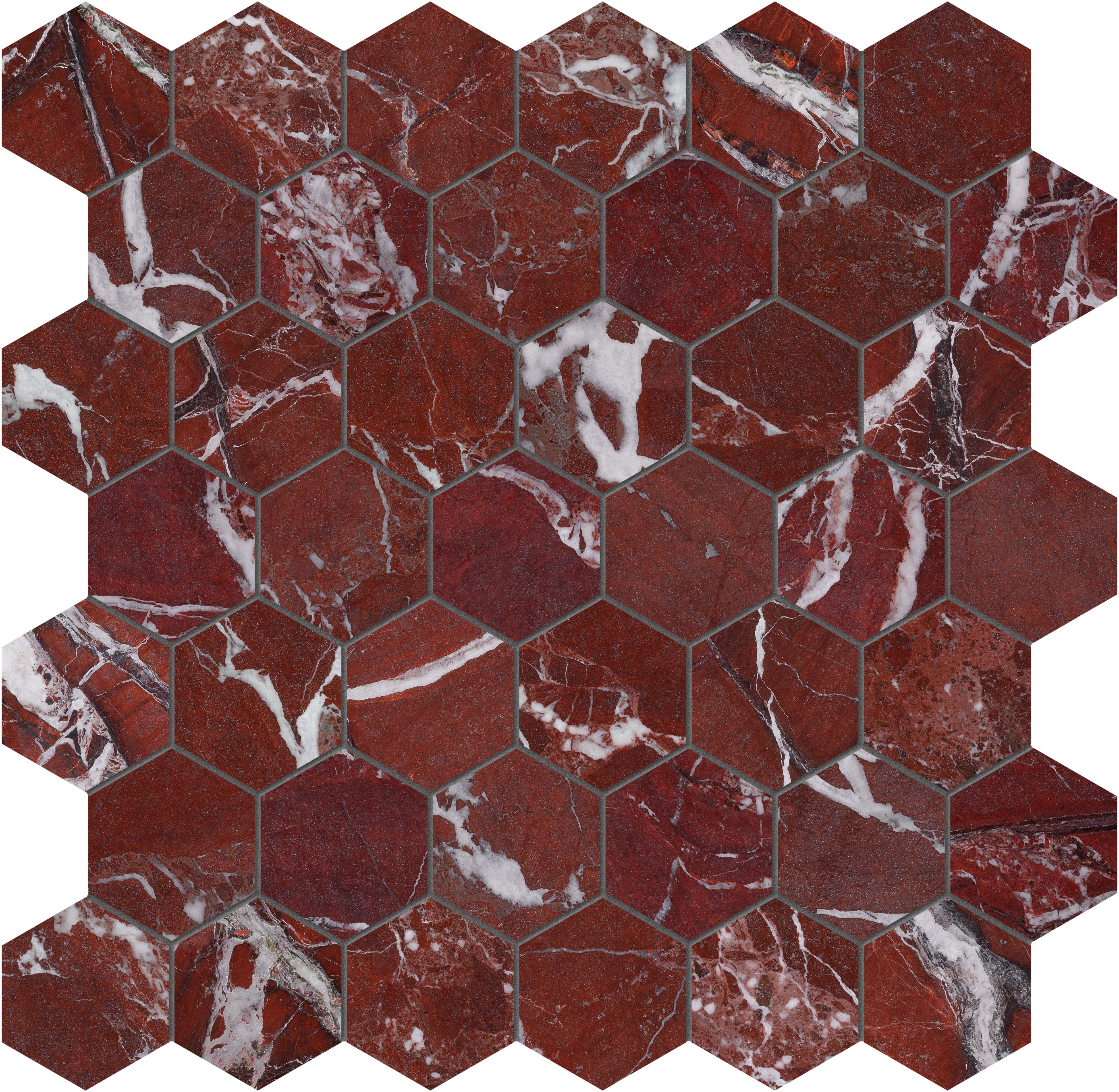 Tuscano Rosso marble mosaic by Anatolia, top-down product view, 11 7/8"×12"×3/8" size. Turkish marble for floors and walls.