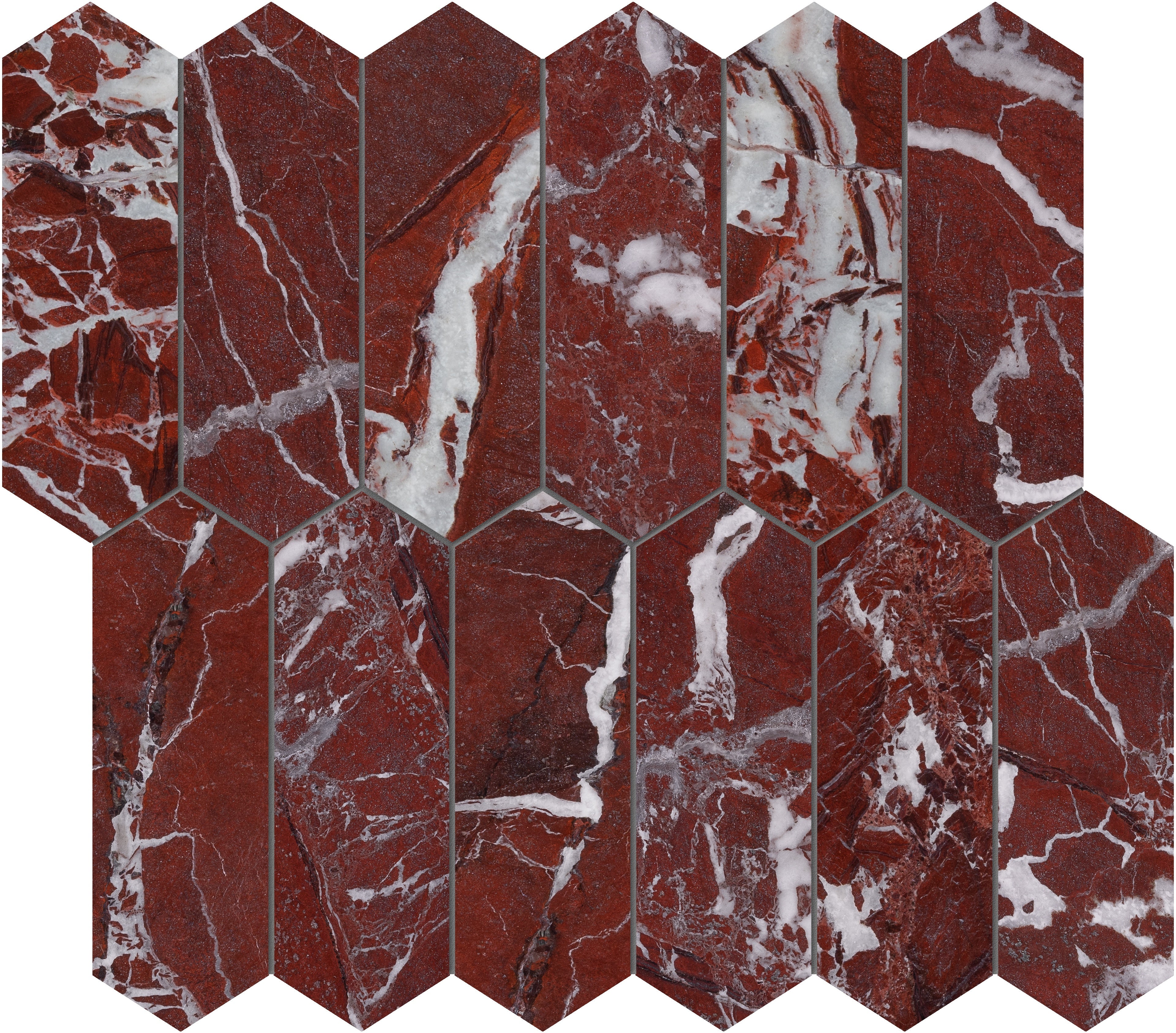 Tuscano Rosso marble mosaic by Anatolia, top-down product view, 10 5/8"×11 13/16"×3/8" size. Turkish marble for floors and walls.