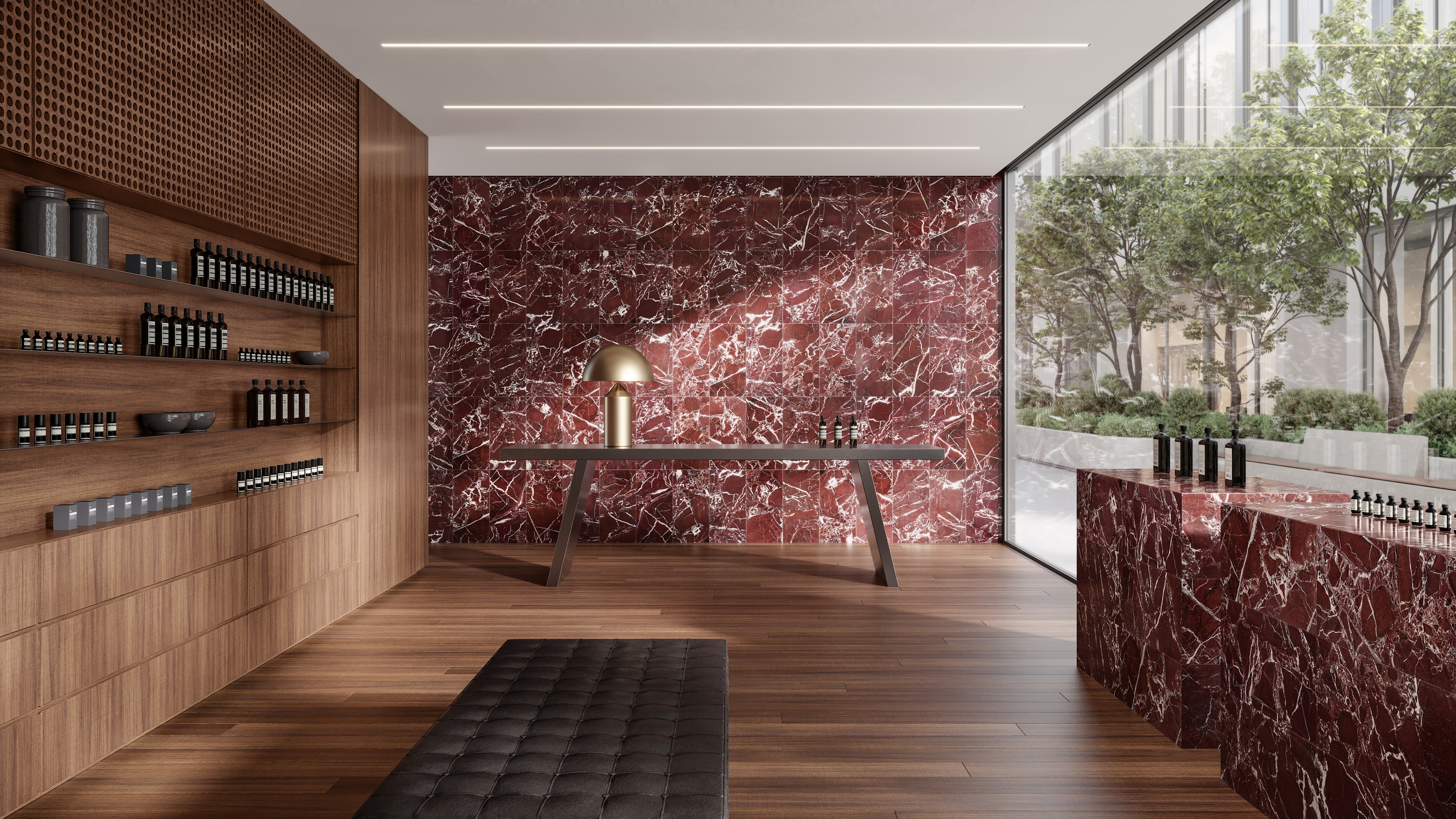 Tuscano Rosso marble trim by Anatolia, top-down product view, 1/2"×12"×5/8" size. Turkish marble for floors and walls.