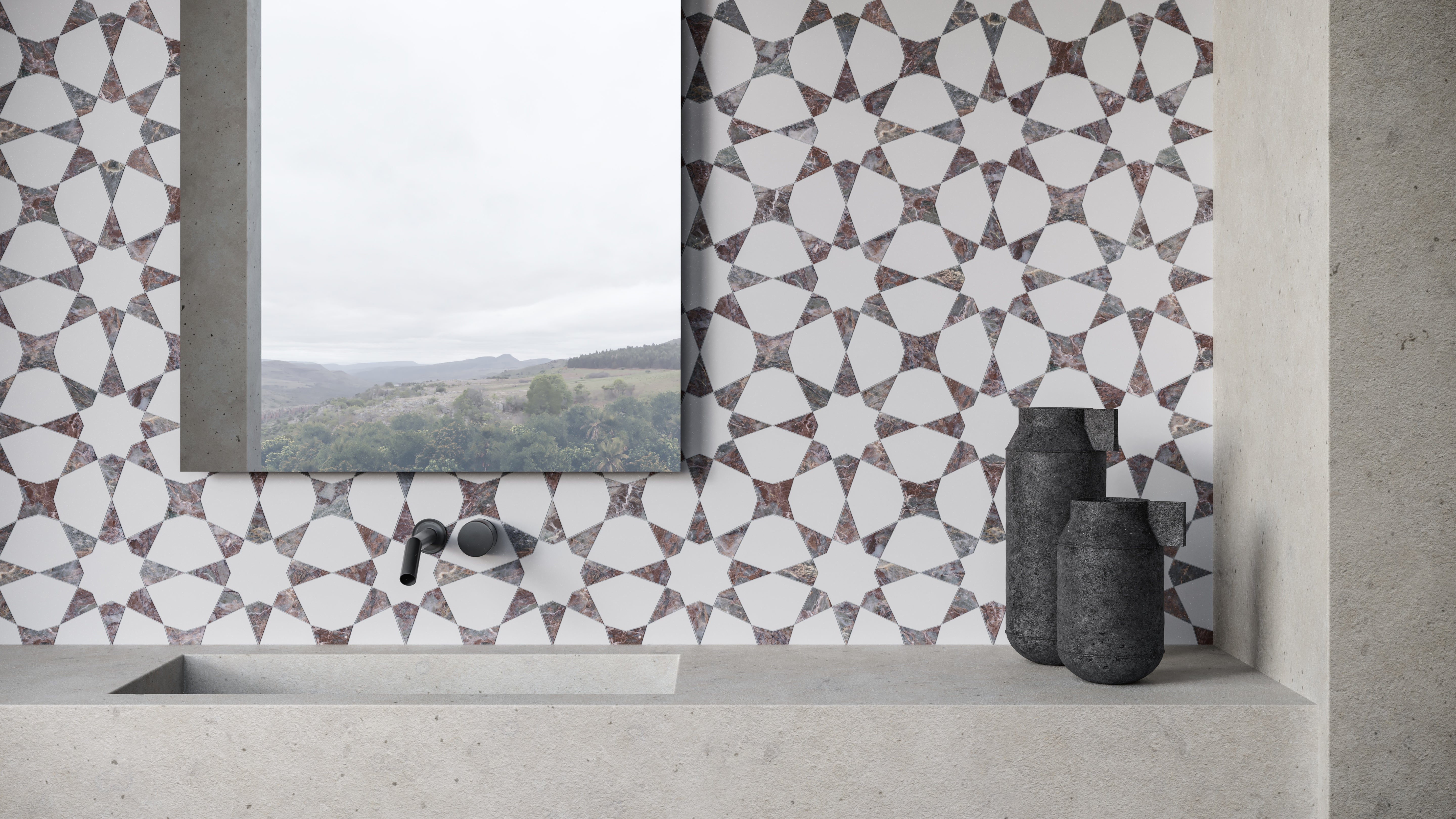Utopio Burgundy mixed mosaic by Anatolia, top-down product view, 8 5/8"×8 21/32"×3/8" size. Turkish mixed for floors and walls.
