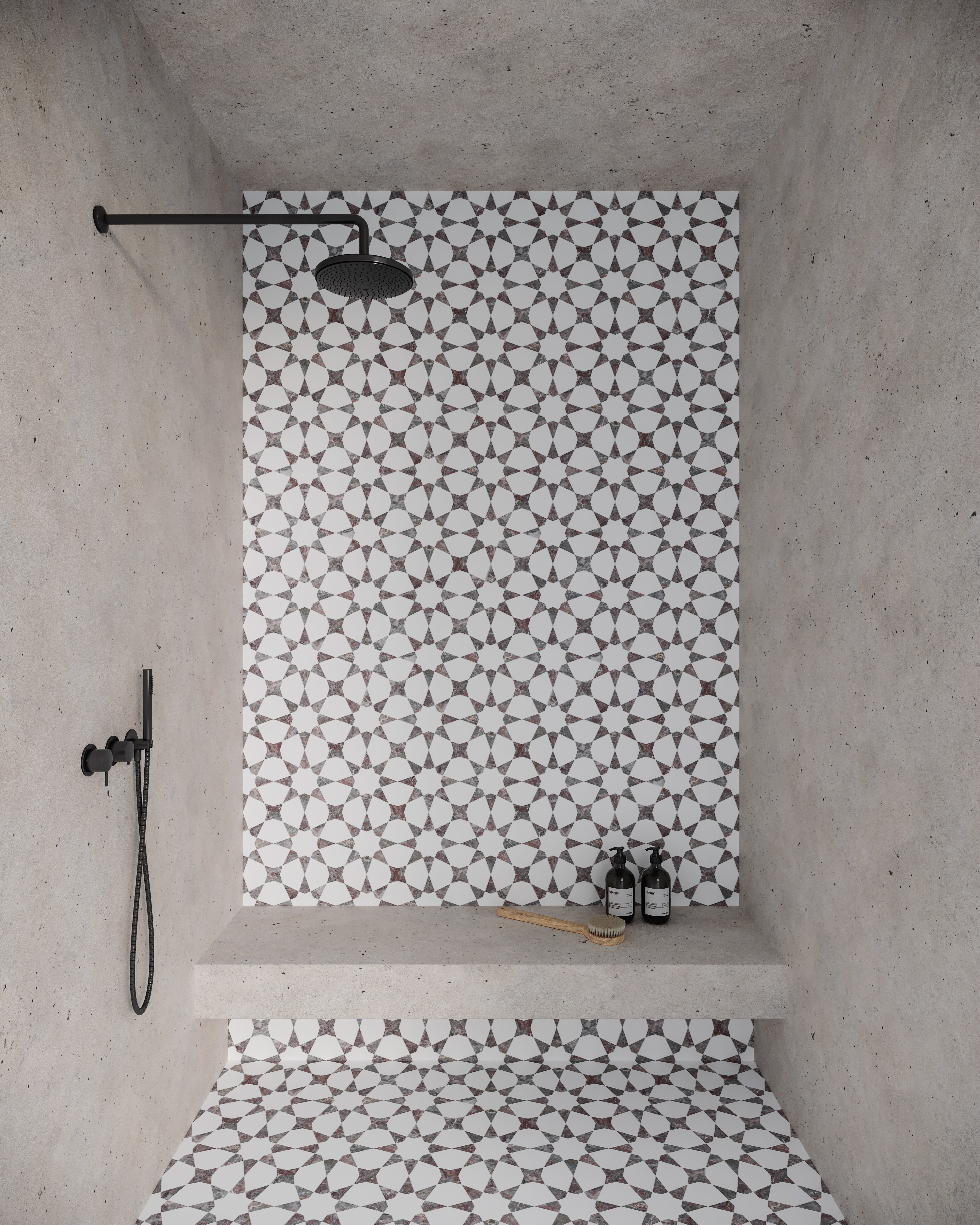 Utopio Burgundy mixed mosaic by Anatolia, top-down product view, 8 5/8"×8 21/32"×3/8" size. Turkish mixed for floors and walls.