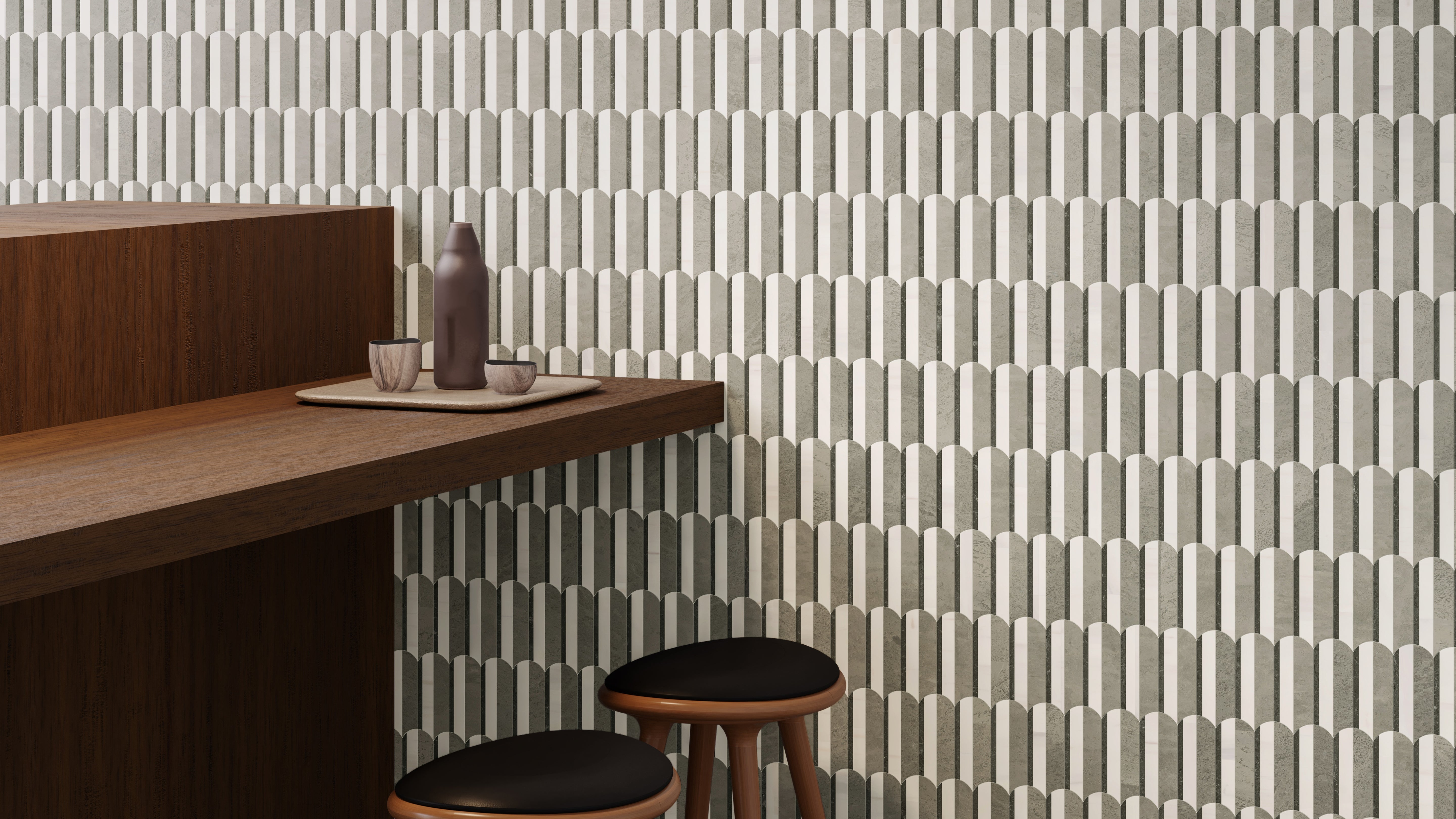 Utopio Mist mixed mosaic by Anatolia, top-down product view, 11 13/16"×14 3/4"×3/8" size. Turkish mixed for floors and walls.