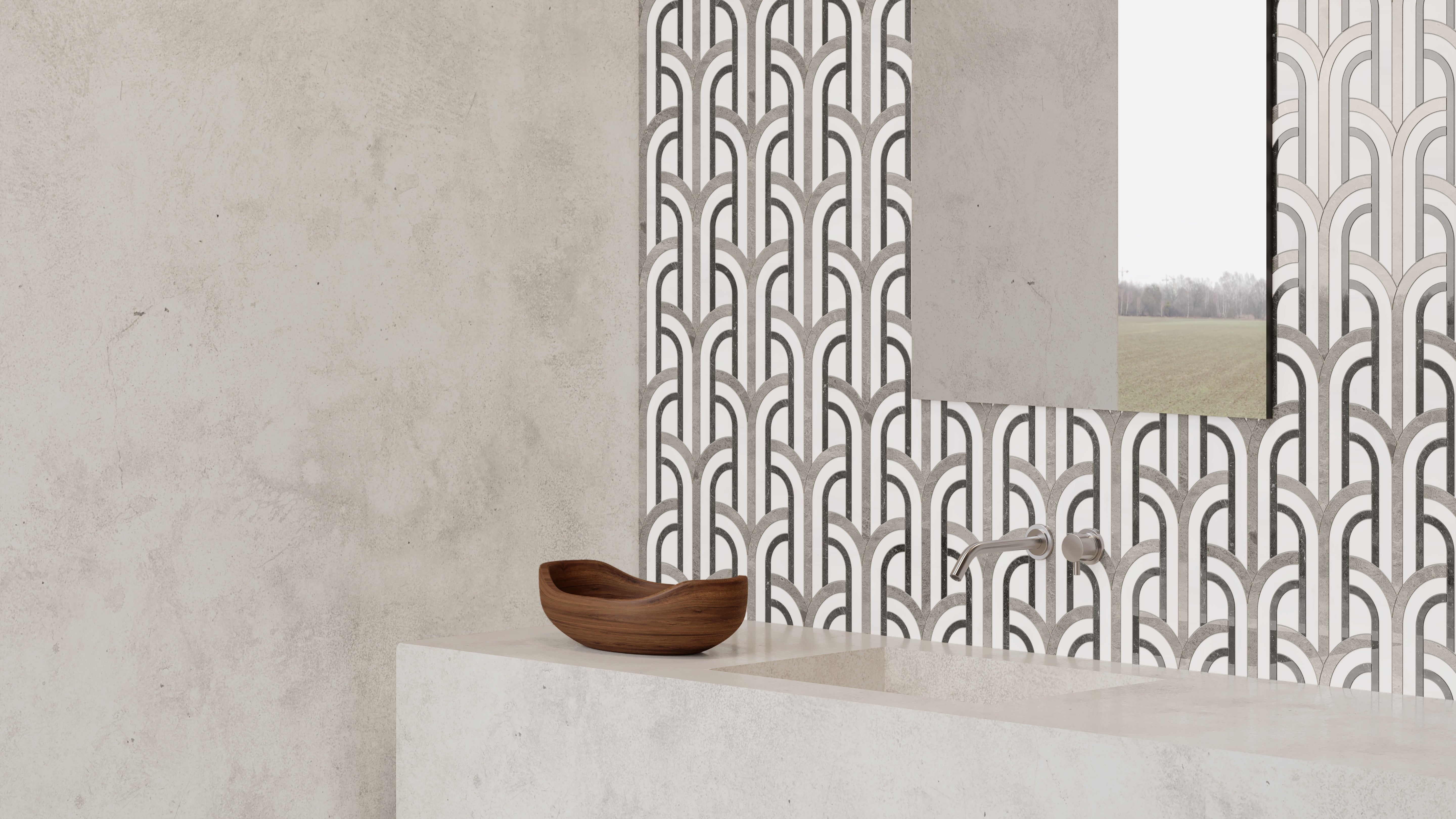 Utopio Mist mixed mosaic by Anatolia, top-down product view, 11 13/16"×14 3/4"×3/8" size. Turkish mixed for floors and walls.