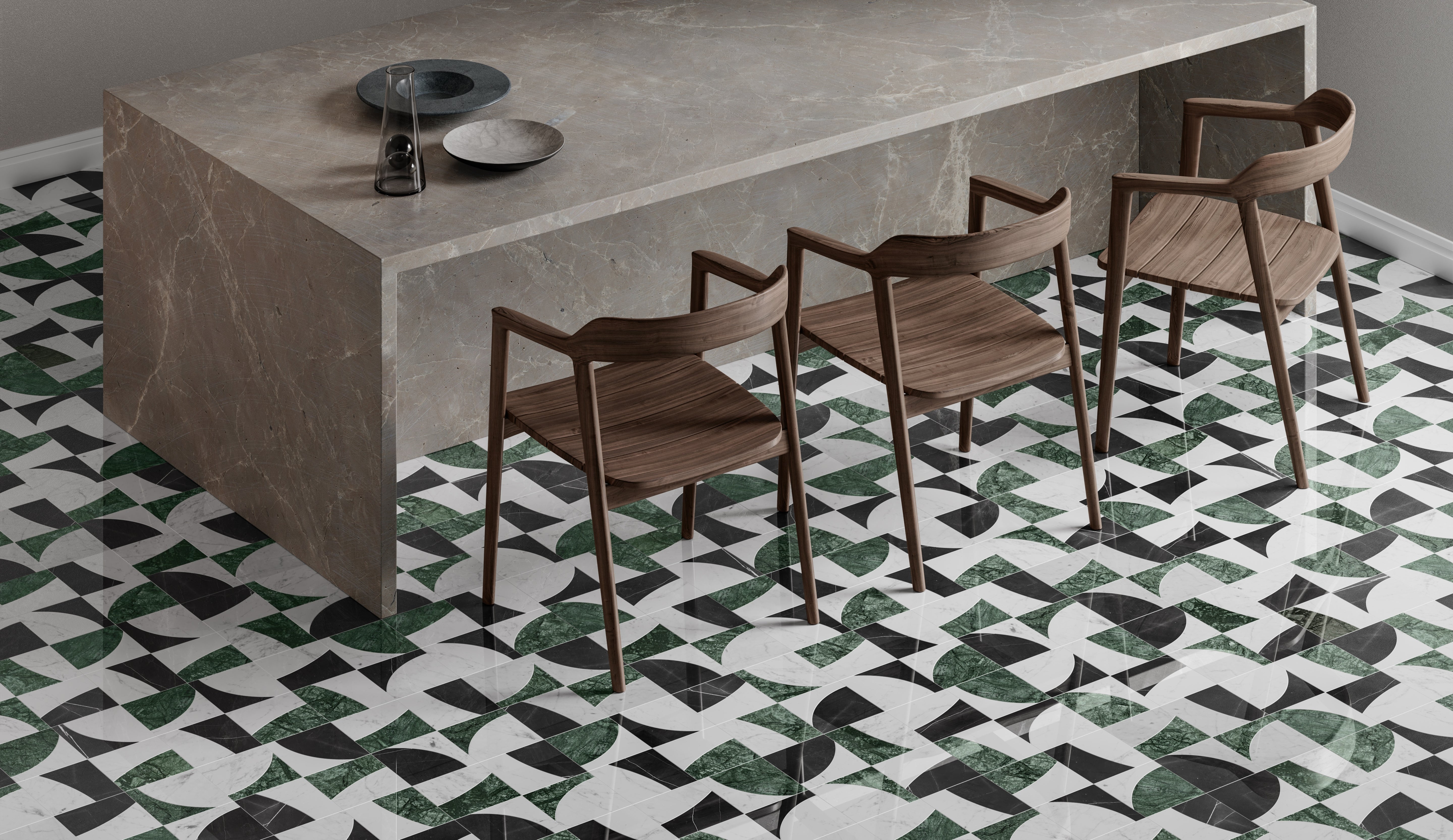 Utopio Pine mixed mosaic by Anatolia, top-down product view, 11 21/32"×11 13/16"×3/8" size. Turkish mixed for floors and walls.