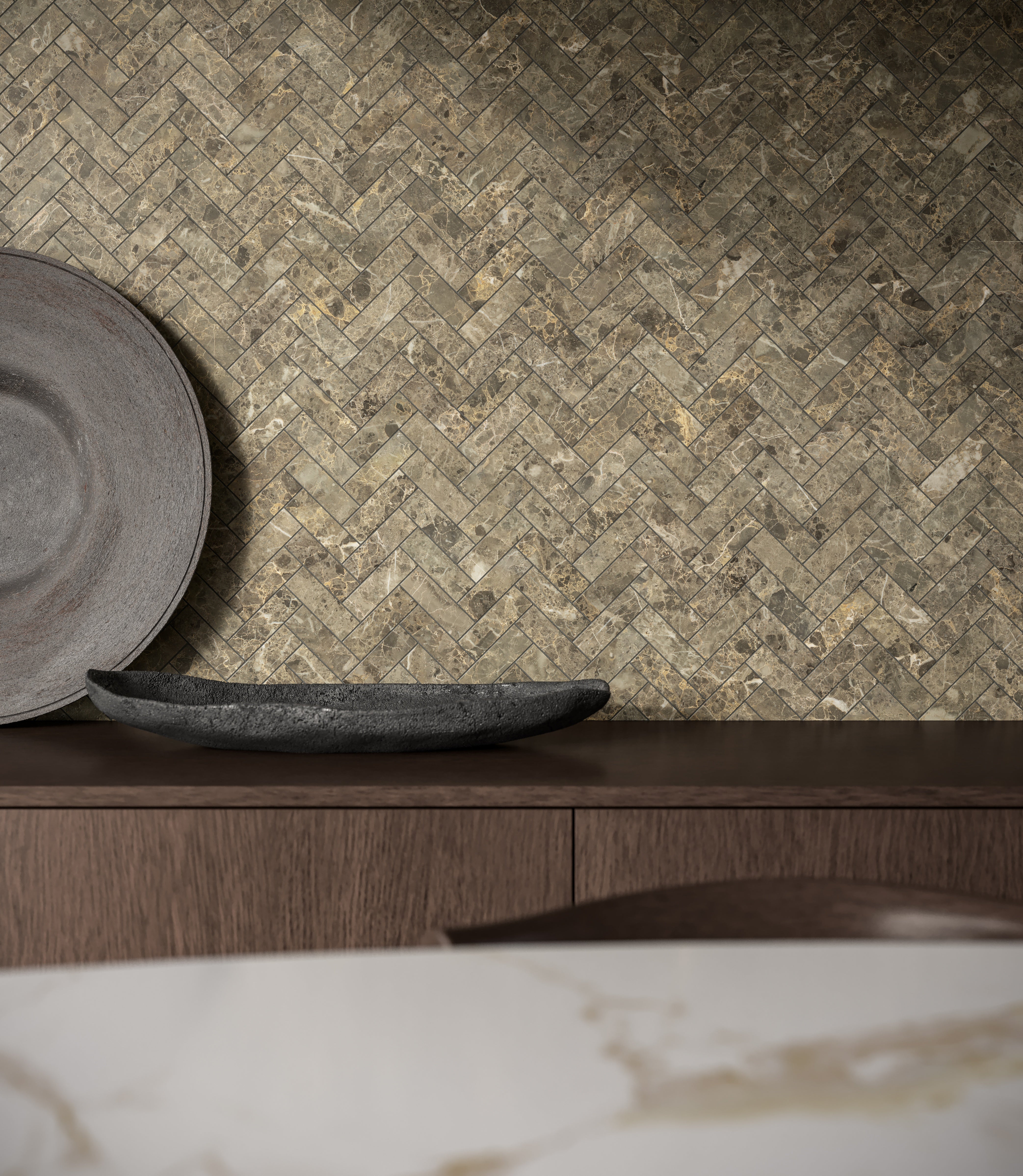 Velutto Ash marble trim by Anatolia, top-down product view, 1/2"×12"×5/8" size. Turkish marble for floors and walls.