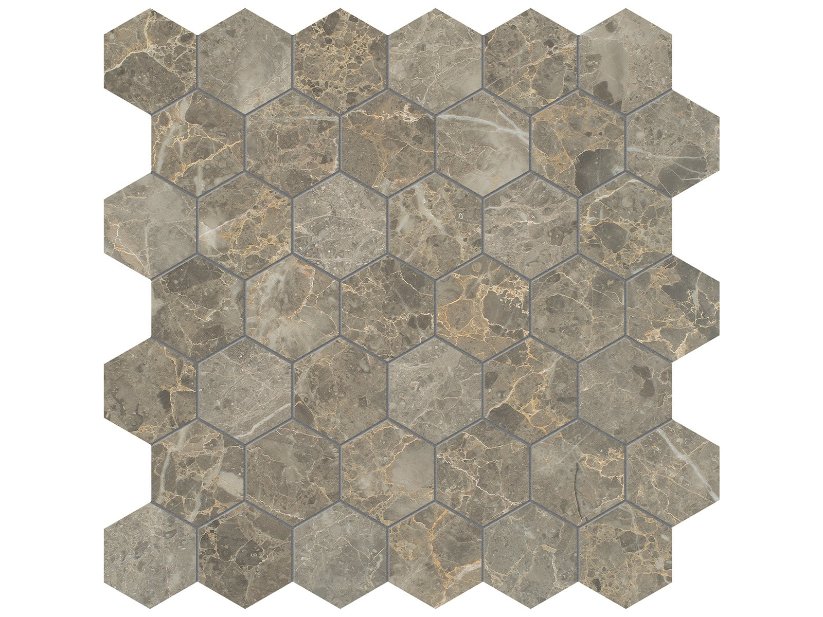 Velutto Ash marble mosaic by Anatolia, top-down product view, 11 7/8"×12"×3/8" size. Turkish marble for floors and walls.