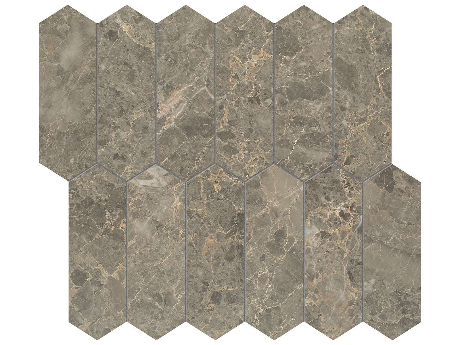 Velutto Ash marble mosaic by Anatolia, top-down product view, 10 5/8"×11 13/16"×3/8" size. Turkish marble for floors and walls.