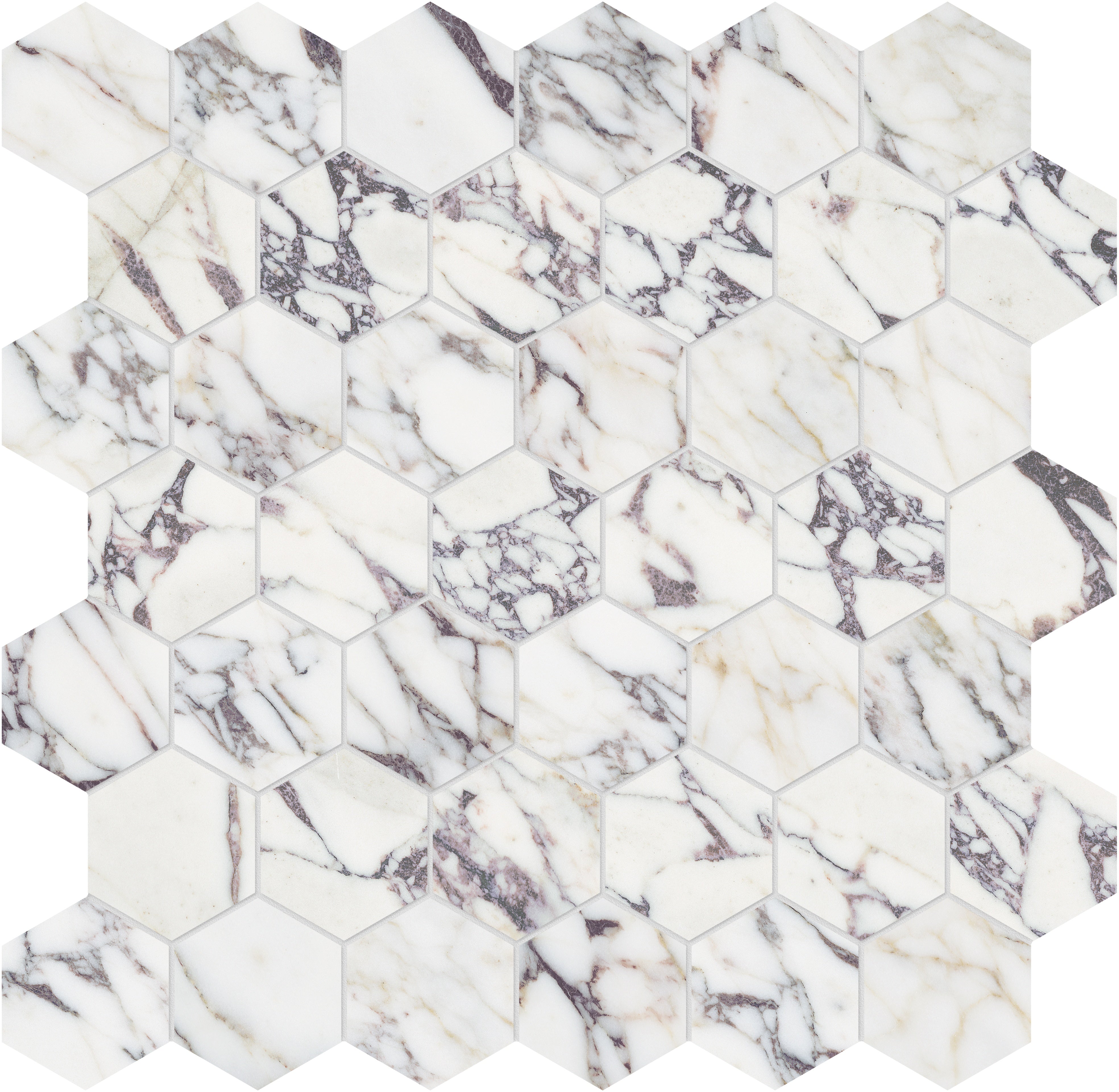 Viola Roccia marble mosaic by Anatolia, top-down product view, 11 7/8"×12"×3/8" size. Turkish marble for floors and walls.