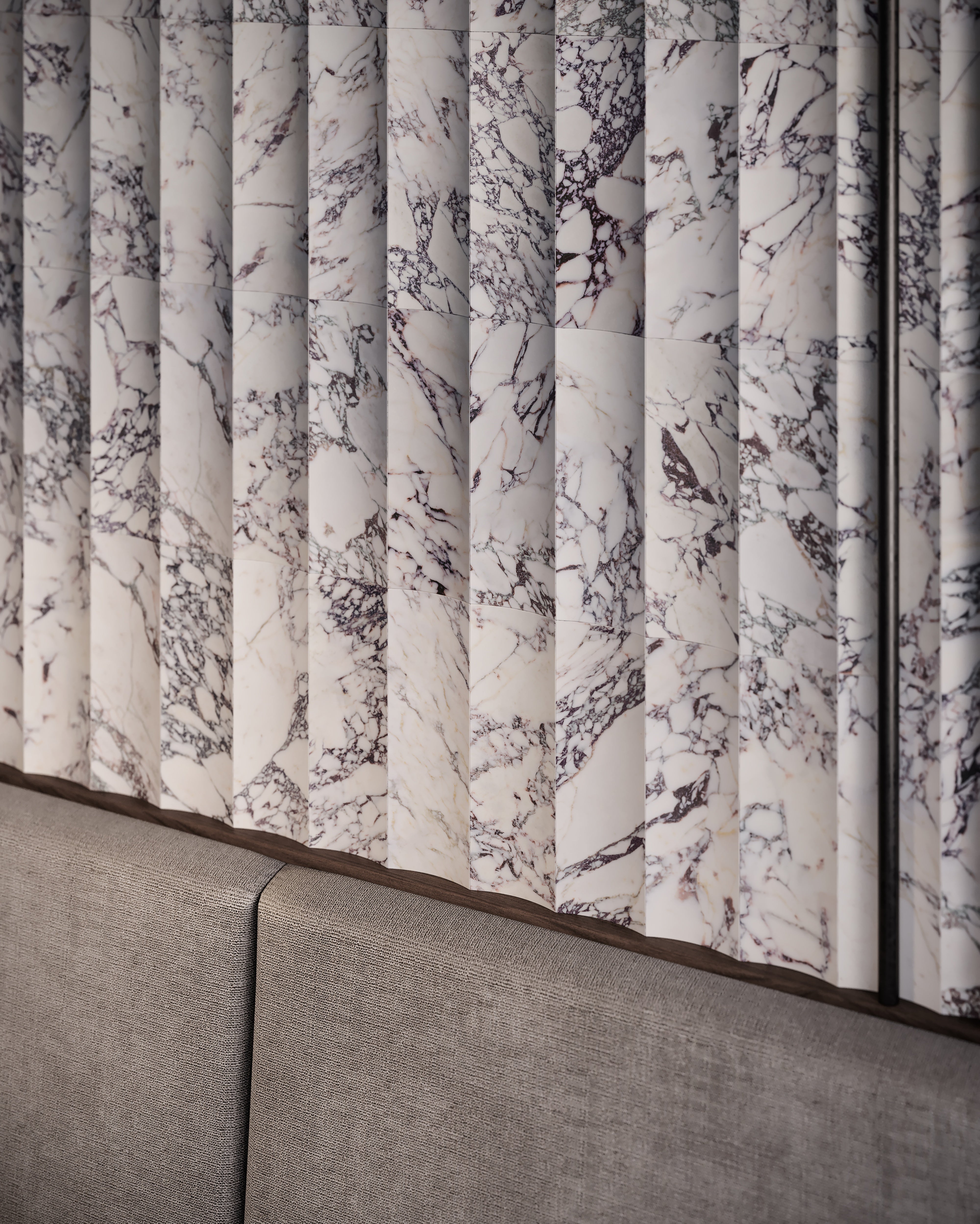 Viola Roccia marble trim by Anatolia, top-down product view, 1 1/4"×12"×7/8" size. Turkish marble for floors and walls.