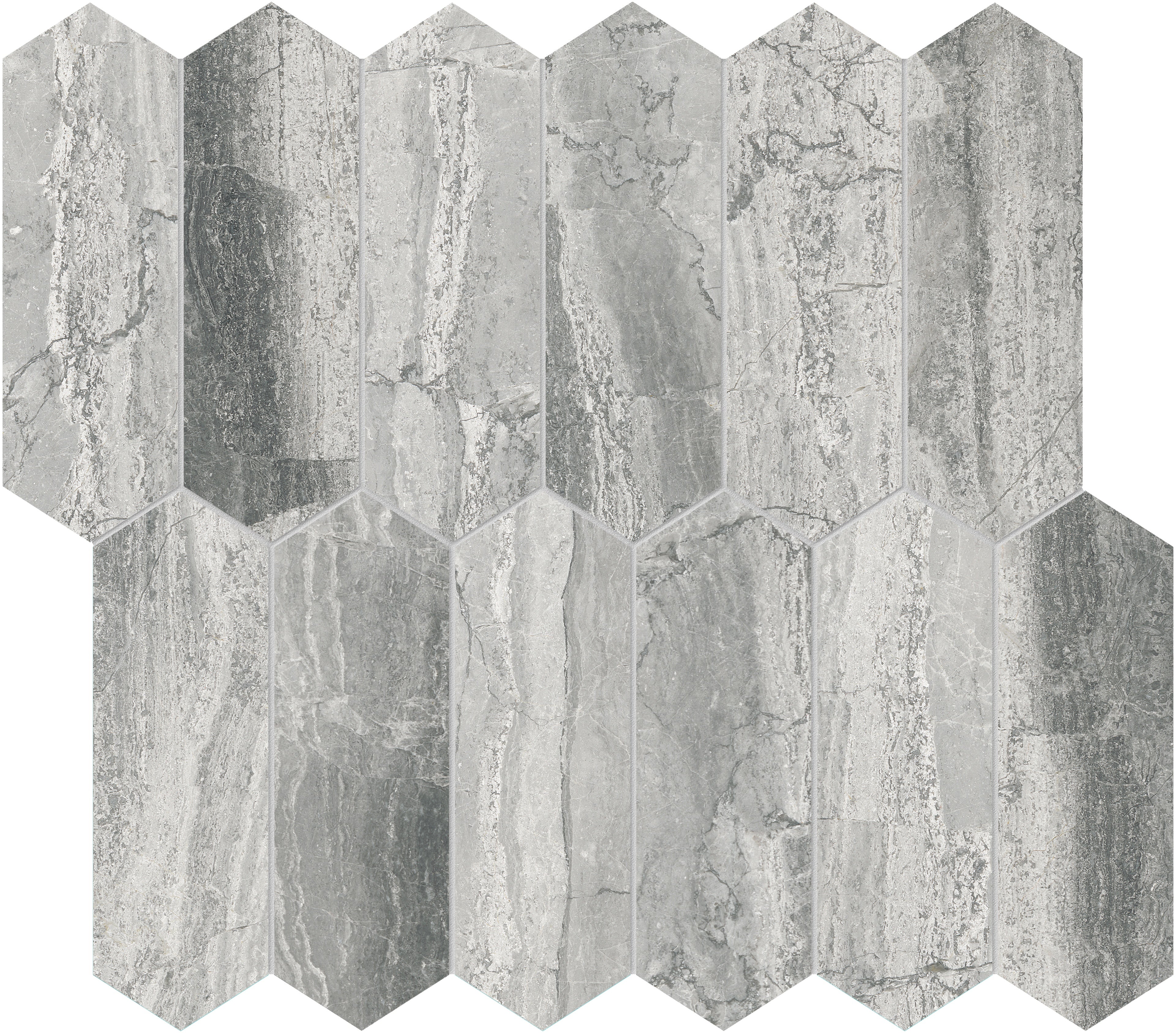 Volcana Notte marble mosaic by Anatolia, top-down product view, 10 5/8"×11 13/16"×3/8" size. Turkish marble for floors and walls.