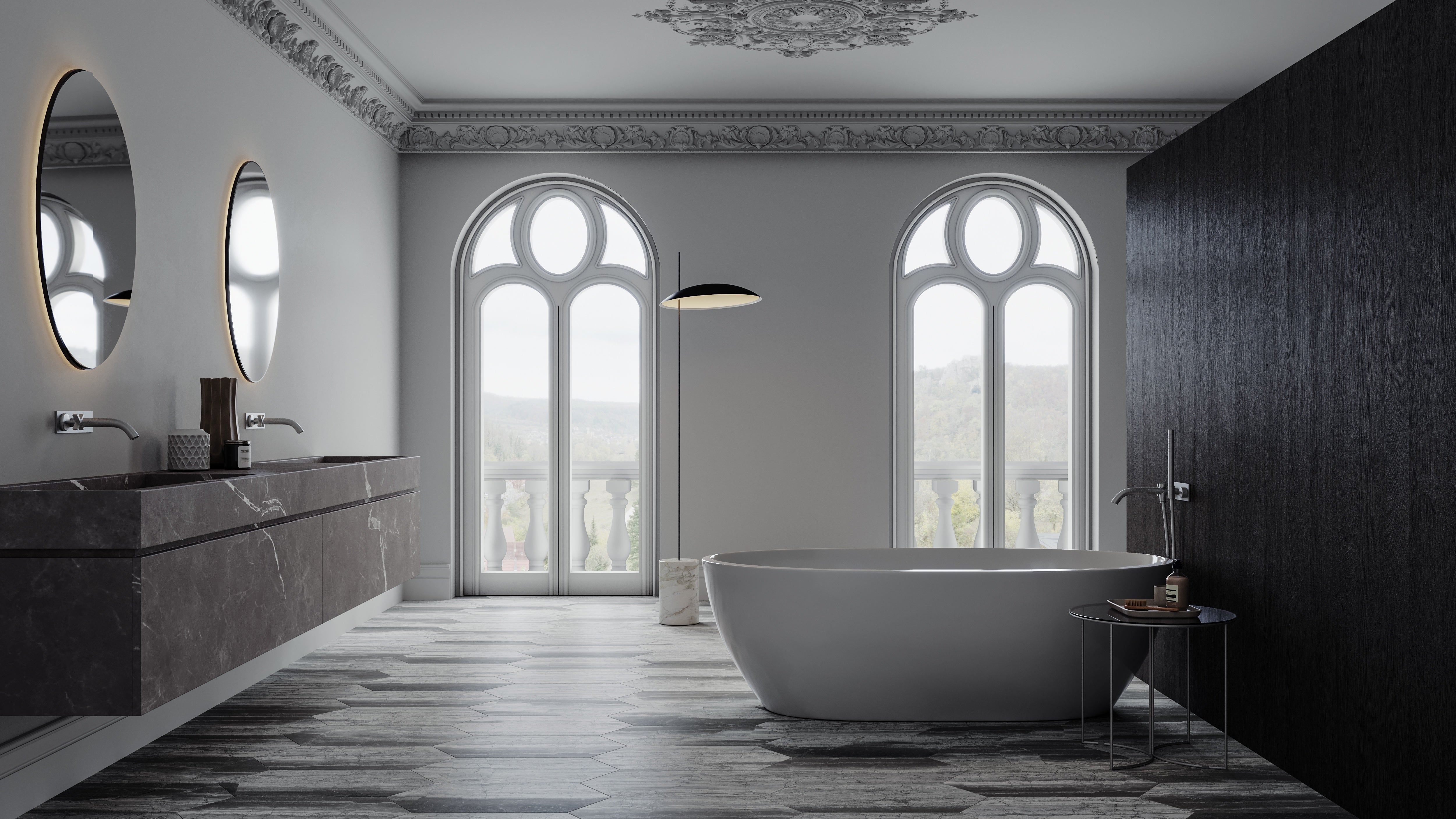 Volcana Notte marble trim by Anatolia, top-down product view, 1/2"×12"×5/8" size. Turkish marble for floors and walls.