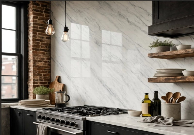 Marble Slabs White Carrara C Supreme marble slabs, top-down product view. Premium marble for floors and walls.