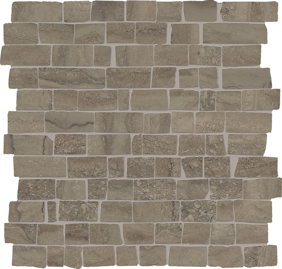 Unique Travertine Chocolate porcelain mosaic tile by Emil, 11 13/16"x11 13/16"x9.5-mm size. Premium Italian porcelain for floors and walls.