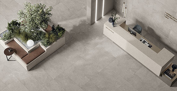 Charleston Charleston_white porcelain trim, lifestyle installation view 2, 3"×24"×5/16" size. Premium porcelain for floors and walls.