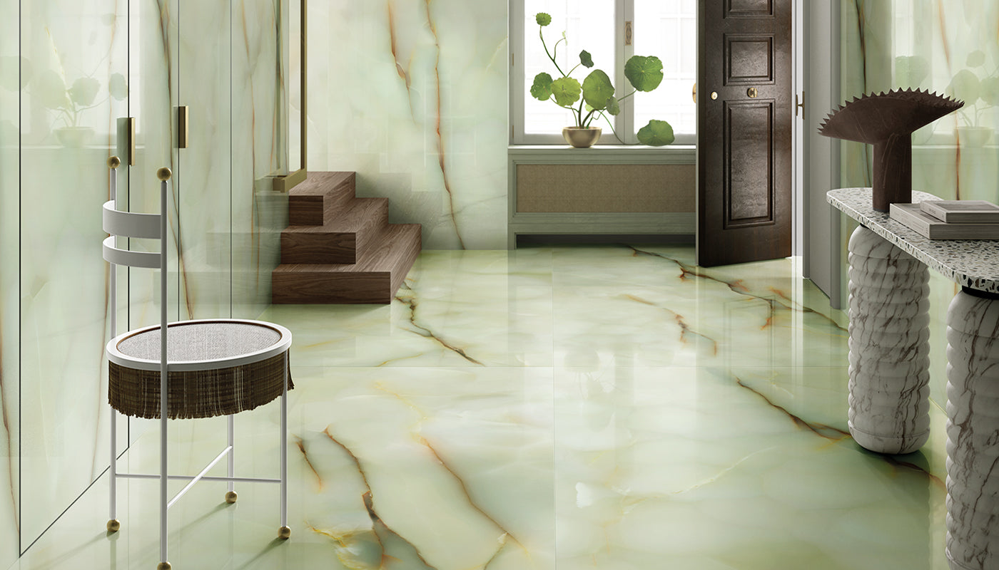 Tele di Marmo Pure Onyx ONYX GIADA porcelain mosaic tile by Emil, full lappato finish, 12"x12" size. Premium Italian porcelain for floors and walls.