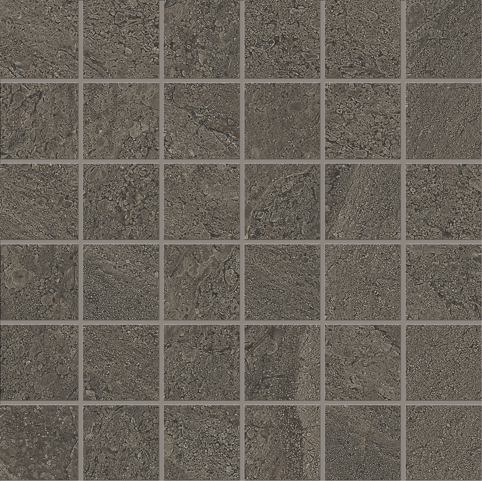 Pietra di Orosei Grigio Bruciato porcelain mosaic tile by Emil, silktech finish, 11 1/2"x13 1/16"x9-mm size. Premium Italian porcelain for floors and walls.
