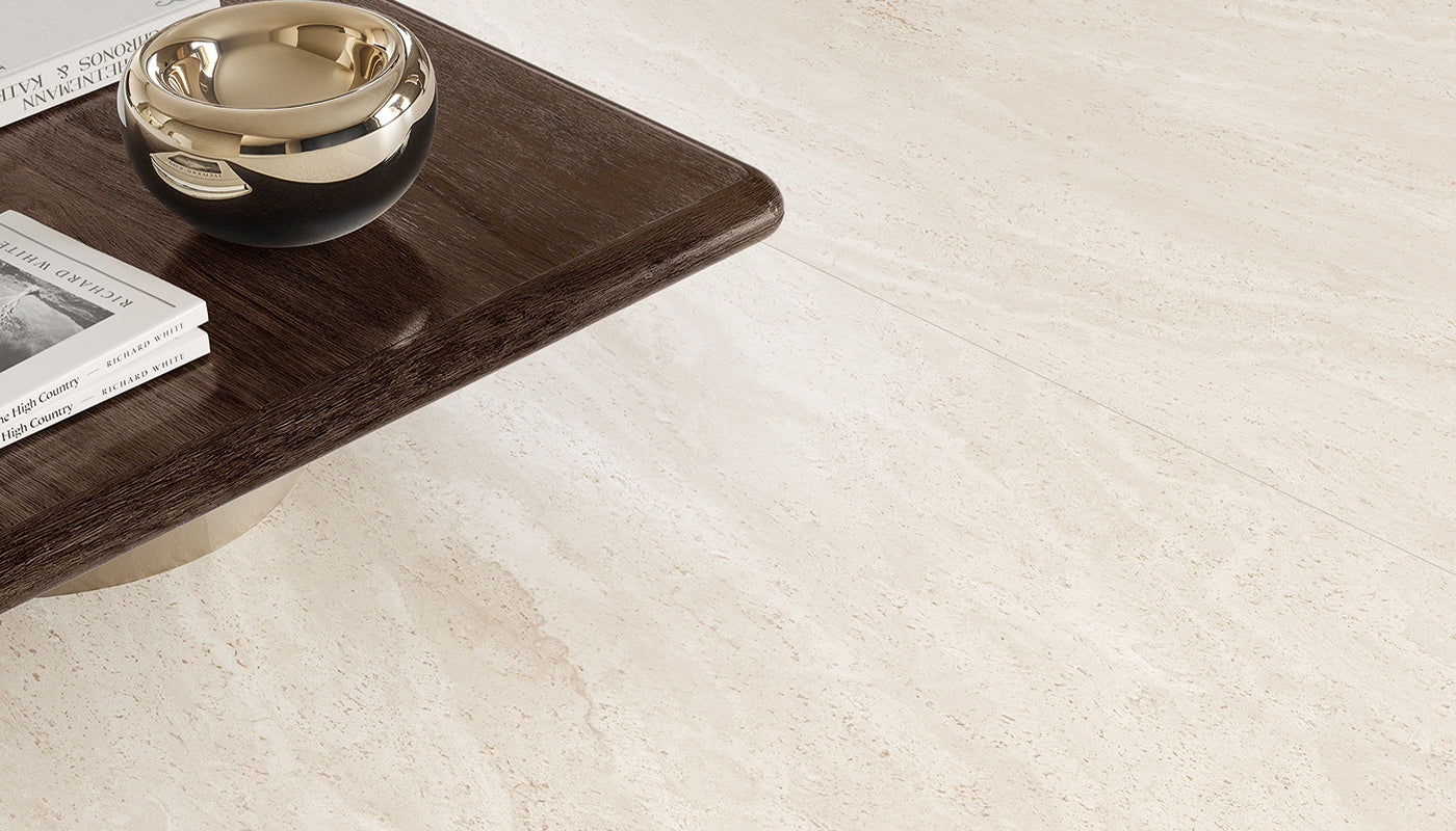 Dual Travertine White porcelain field tile by Emil, naturale finish, 3 15/16"x3 15/16"x9.5-mm size. Premium Italian porcelain for floors and walls.