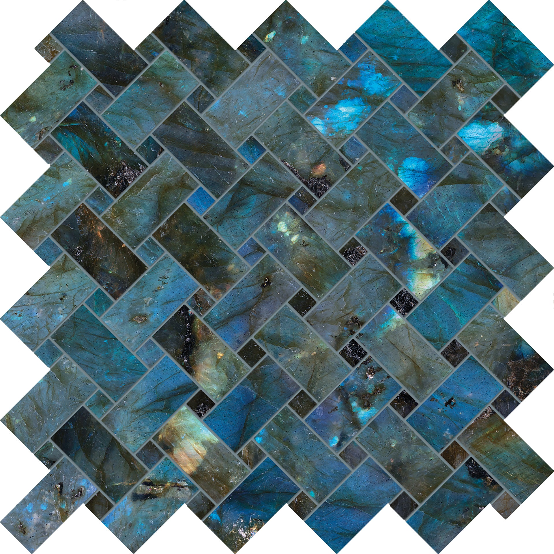 Tele di Marmo Lumia Labradorite porcelain mosaic tile by Emil, full lappato finish, 11 13/16"x11 13/16"x9-mm size. Premium Italian porcelain for floors and walls.