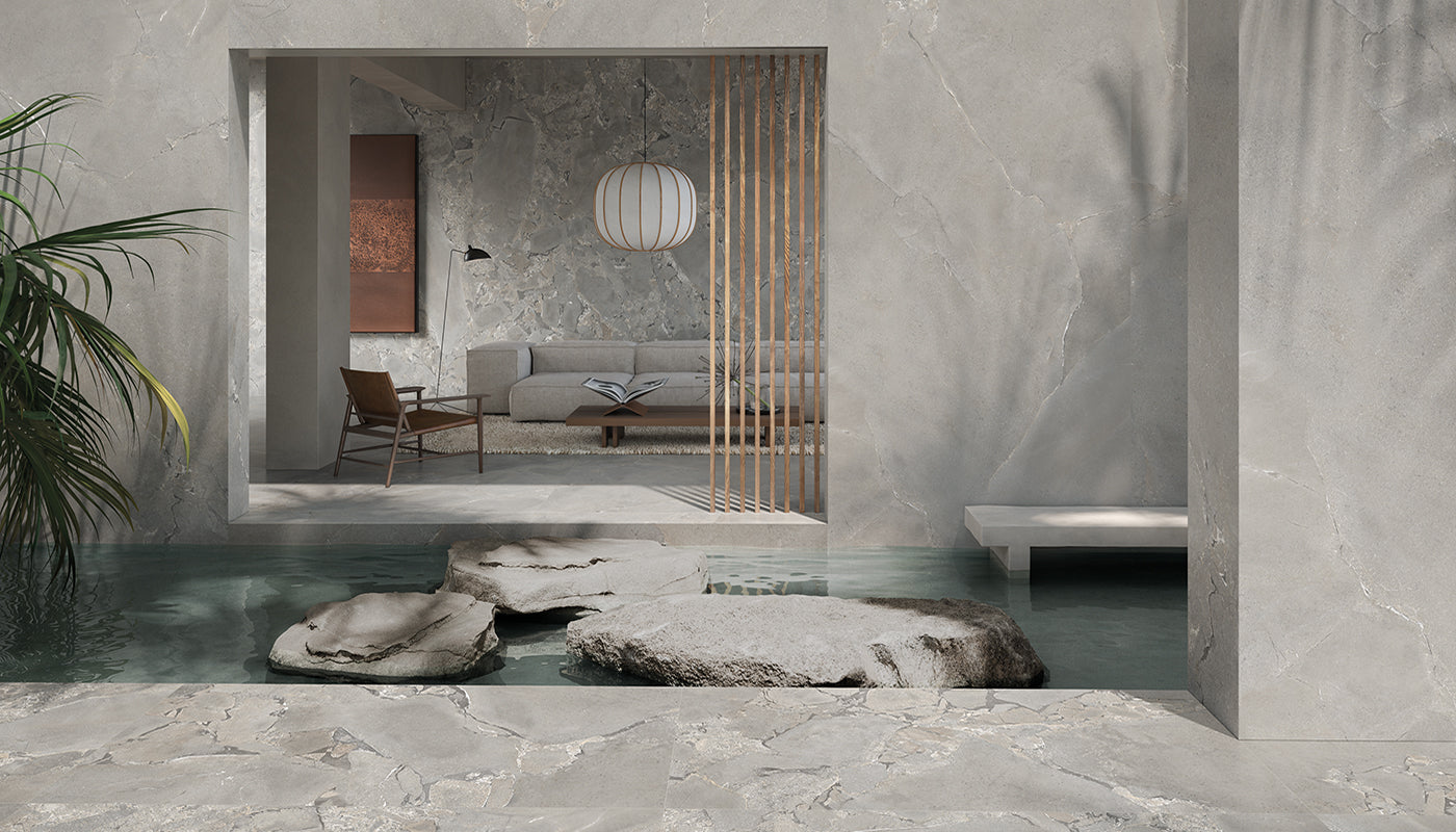 Unique Intensity Grey porcelain field tile by Emil, tecnica finish, 23 5/8"x47 1/4"x9-mm size. Premium Italian porcelain for floors and walls.