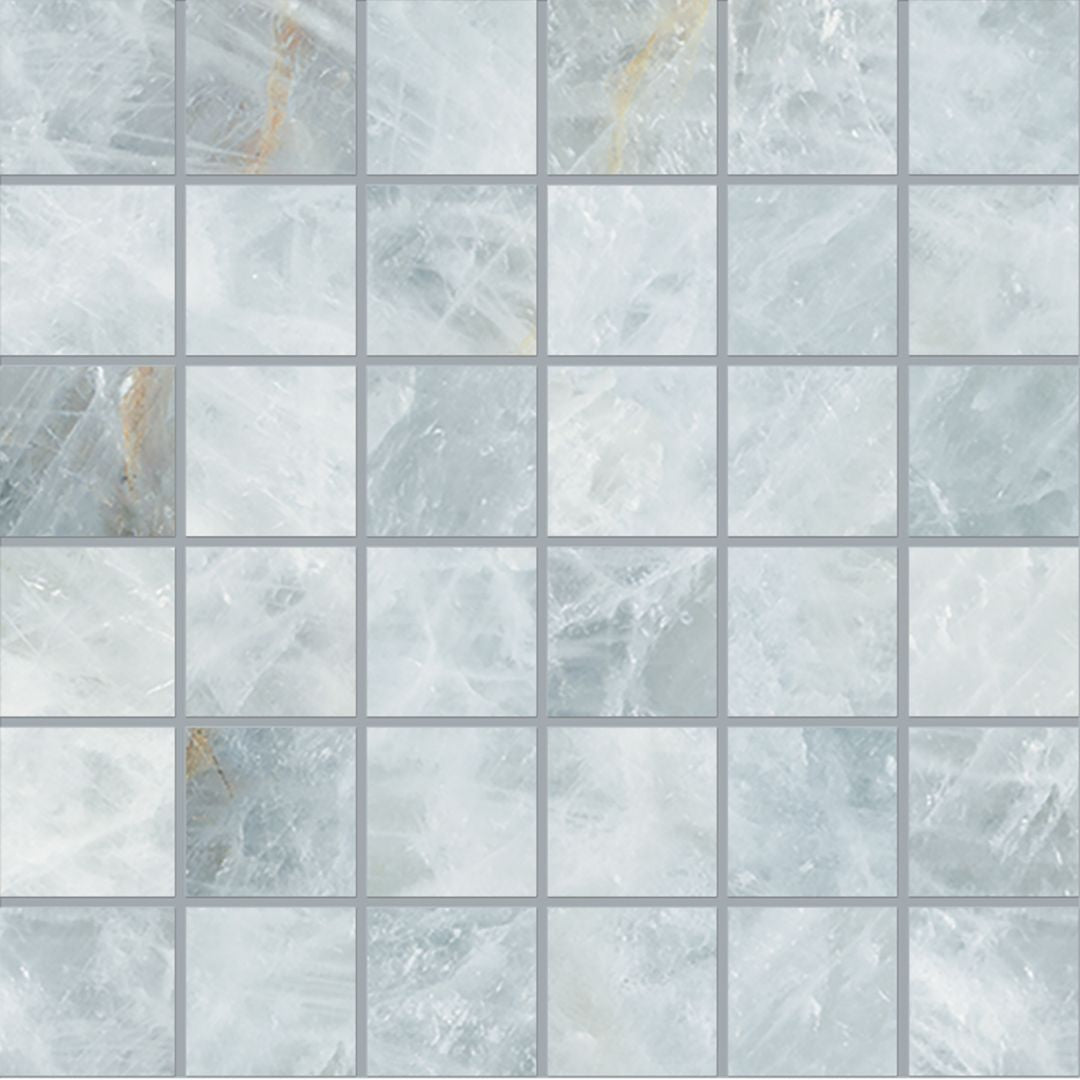 Tele di Marmo Precious CRYSTAL AZURE porcelain mosaic tile by Emil, full lappato finish, 12"x12" size. Premium Italian porcelain for floors and walls.