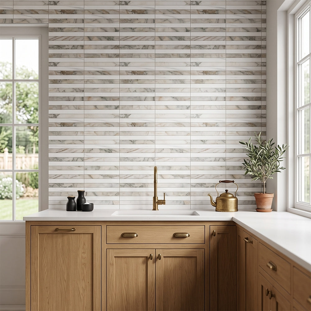 Calacatta Green Honed Marble Snow White, Calacatta Green marble mosaic, top-down product view, 12"×12"×3/8" size. Premium marble for floors and walls.