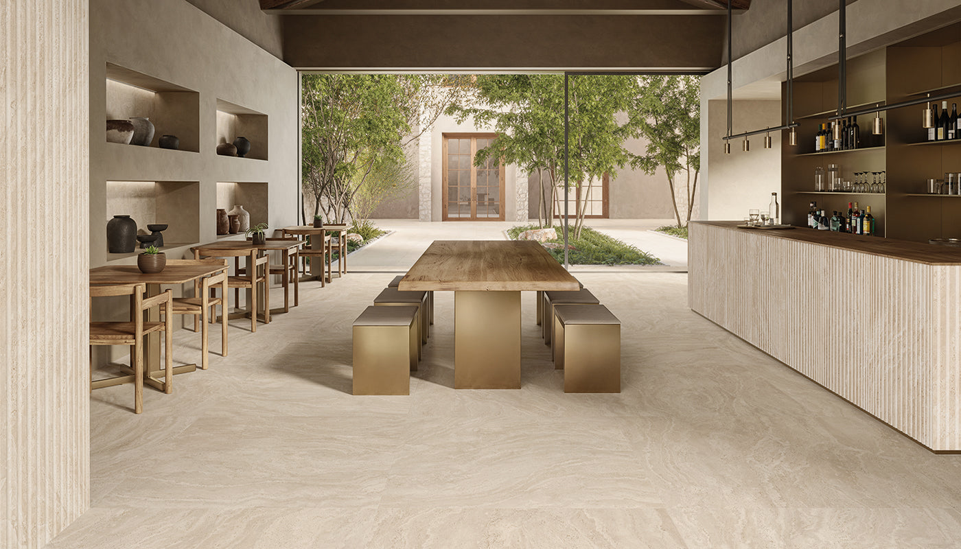 Dual Travertine Beige porcelain field tile by Emil, naturale finish, 47 1/4"x109 7/16"x6.5-mm size. Premium Italian porcelain for floors and walls.