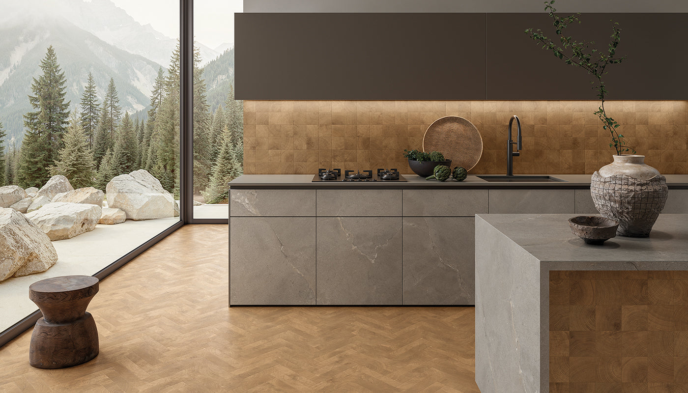 W-Circles Walnut porcelain field tile by Emil, naturale finish, 2 1/8"x11 13/16"x9.5-mm size. Premium Italian porcelain for floors and walls.