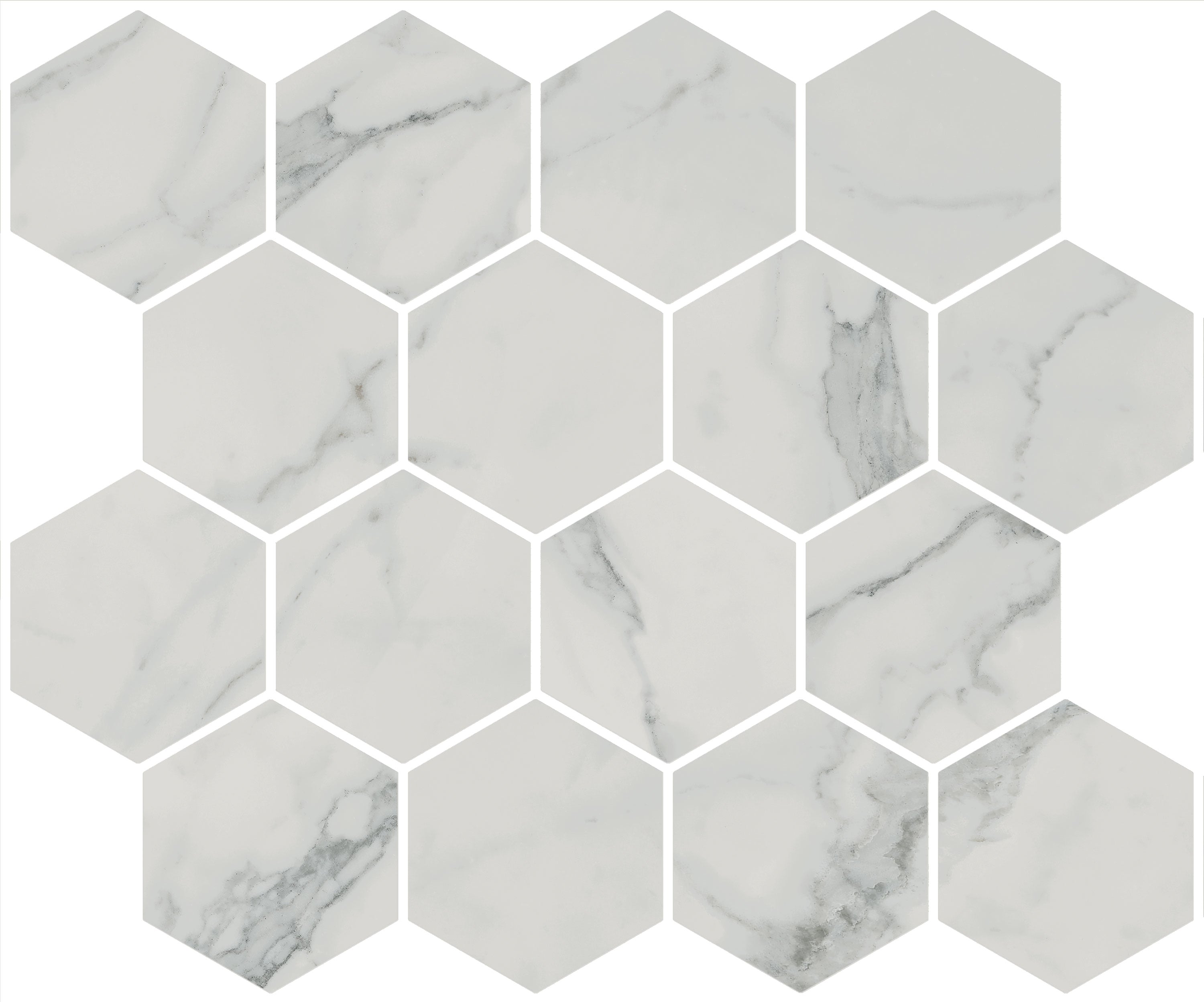 CHARME Veined Statuario porcelain mosaic, top-down product view, 12"×10"×11/32" size. Premium porcelain for floors and walls.
