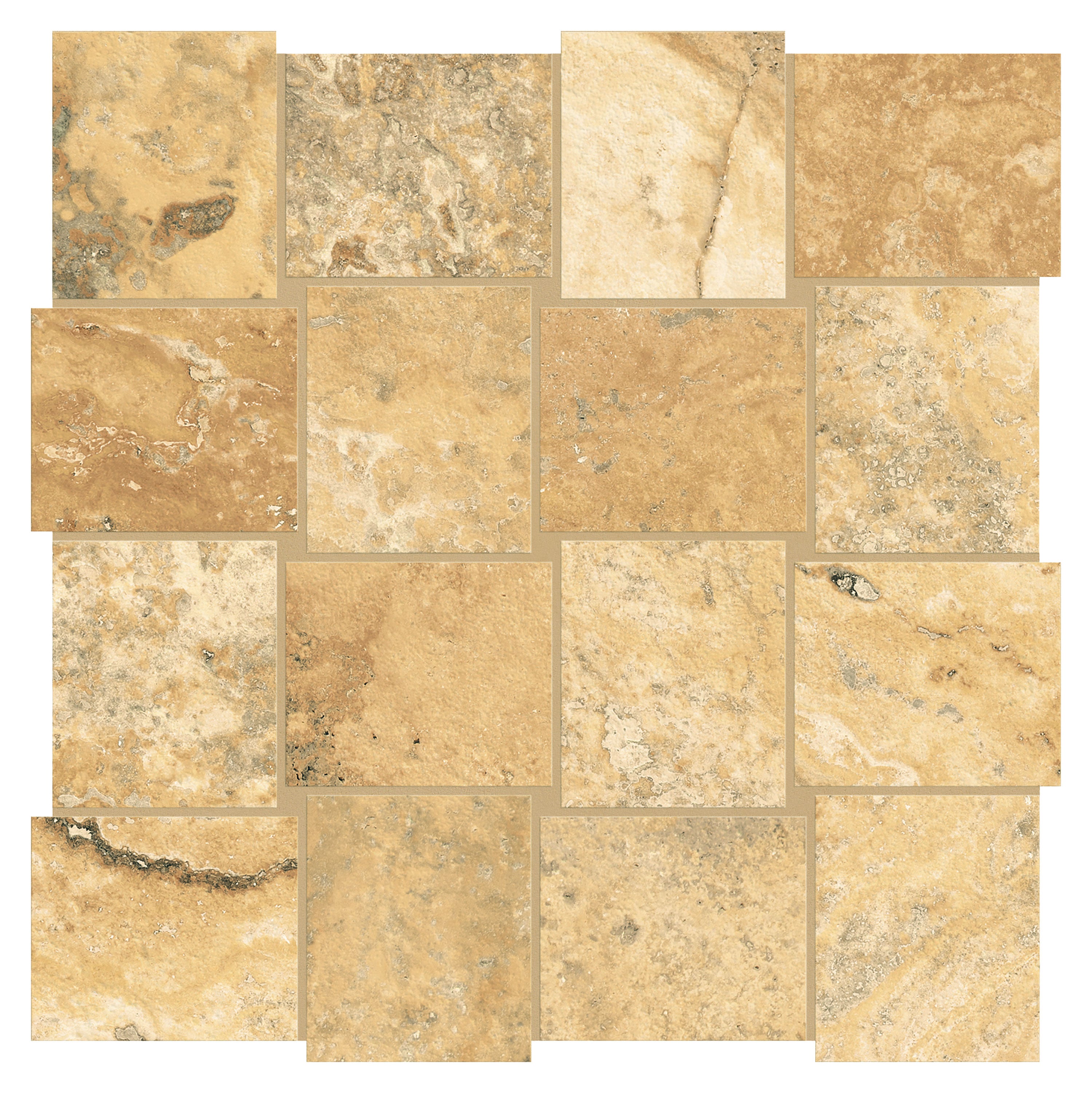 Trail Cross Cut Scabas porcelain mosaic, top-down product view, 12"×12"×11/32" size. Premium porcelain for floors and walls.