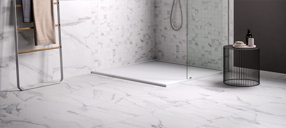 TUSCANY White porcelain trim, lifestyle installation view 1, 3"×24"×5/16" size. Premium porcelain for floors and walls.